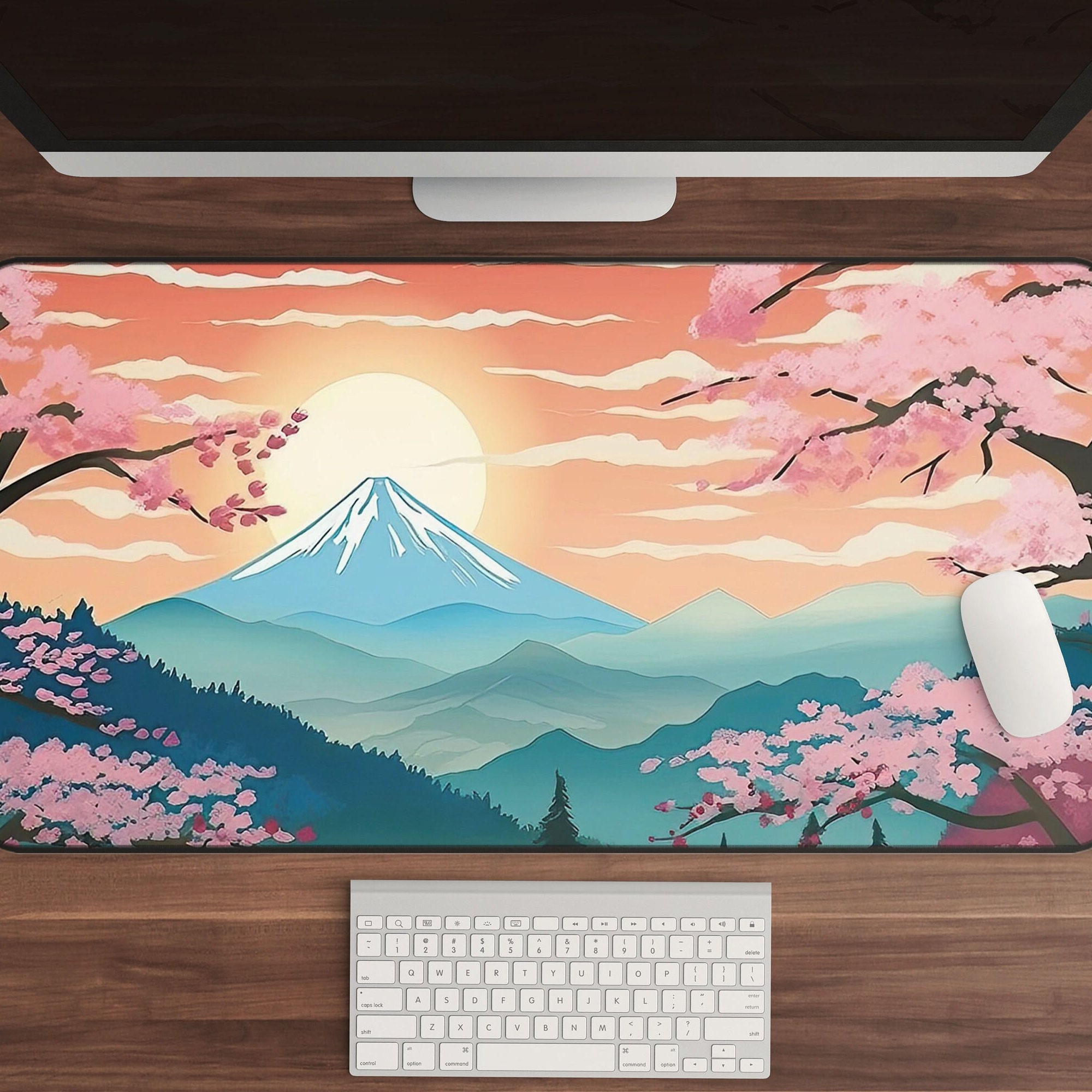 Kawaii Japanese Landscape Desk Mat with Cherry Blossom Design