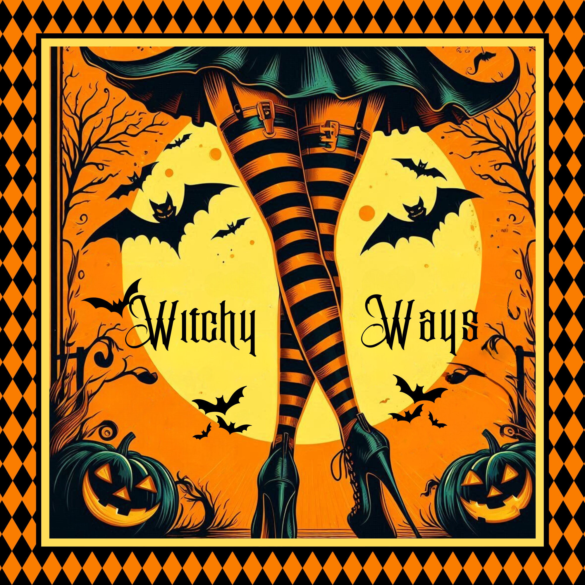 Enchanting Halloween Witch Wreath Sign - Witchy Ways Decor - Spooky Black & Orange Harlequin Border - Halloween Wall Art