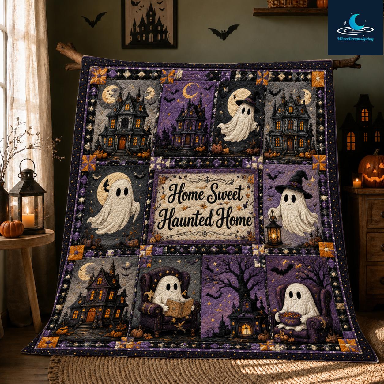 Halloween Ghost Quilt Blanket, Spooky Gothic Haunted House Fall