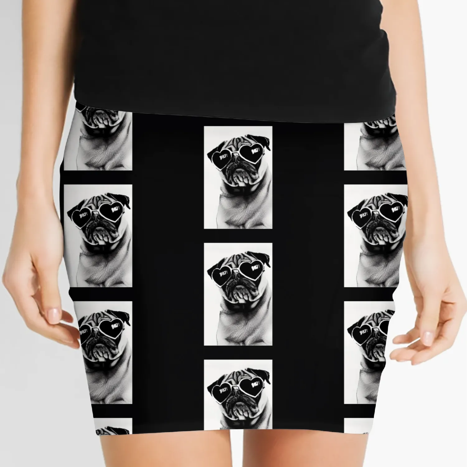 pug with sunglasses art print poster gift Women's Mini Skirts
