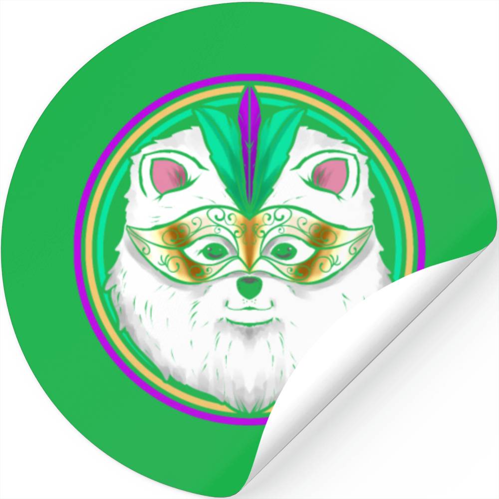 Pomeranian Or Samoyed Dog With Mask For Mardi Gras Stickers