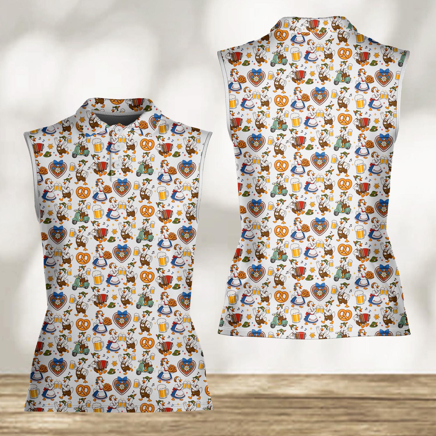 Women Sleeveless Polo Shirt, German Oktoberfest Bavarian Beer Festival Tee, Funny Duck Goose Matching Outfit