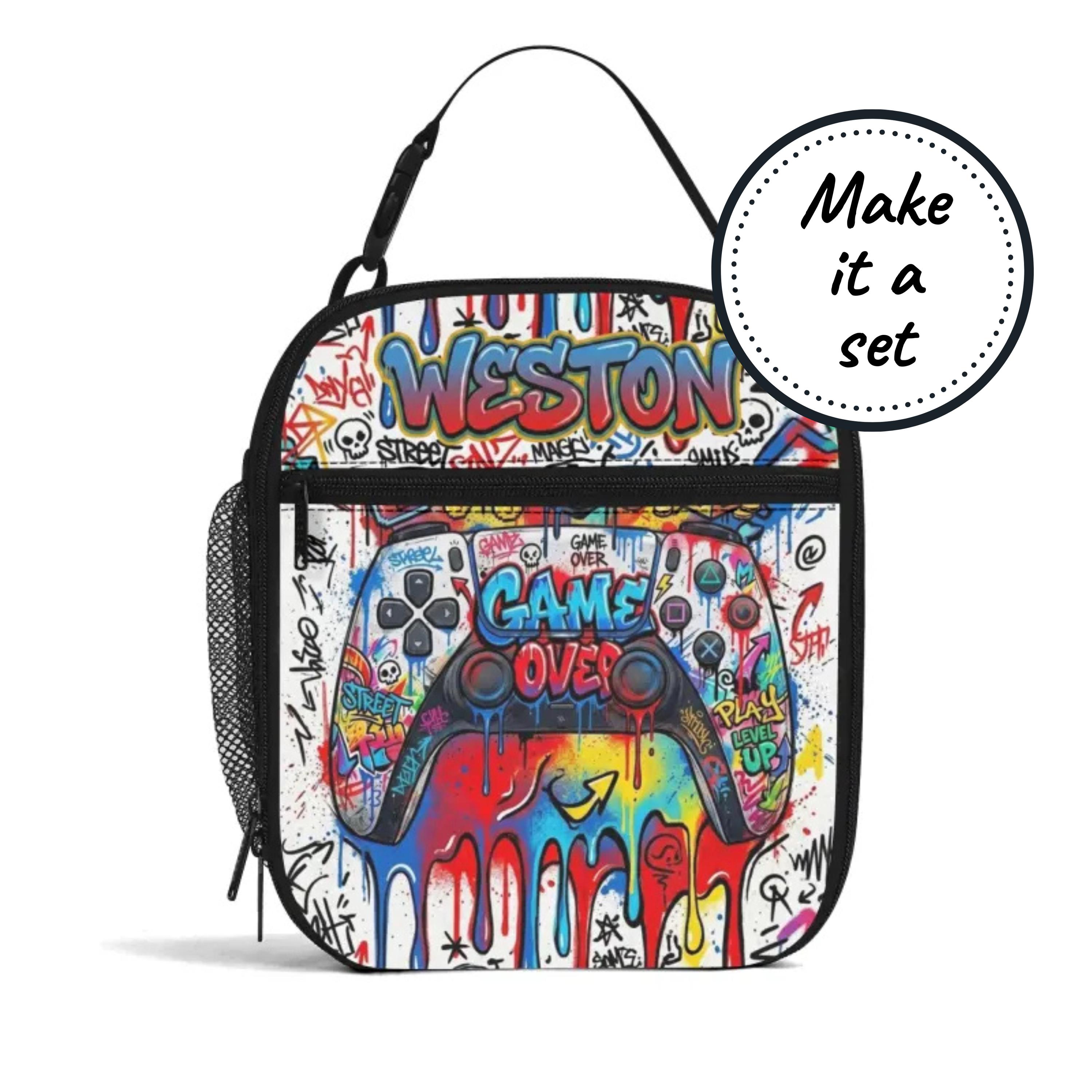 Custom Name Insulated Lunch Bag for Kids with Video Gamer Design, Personalized Food Cooler Lunchbox