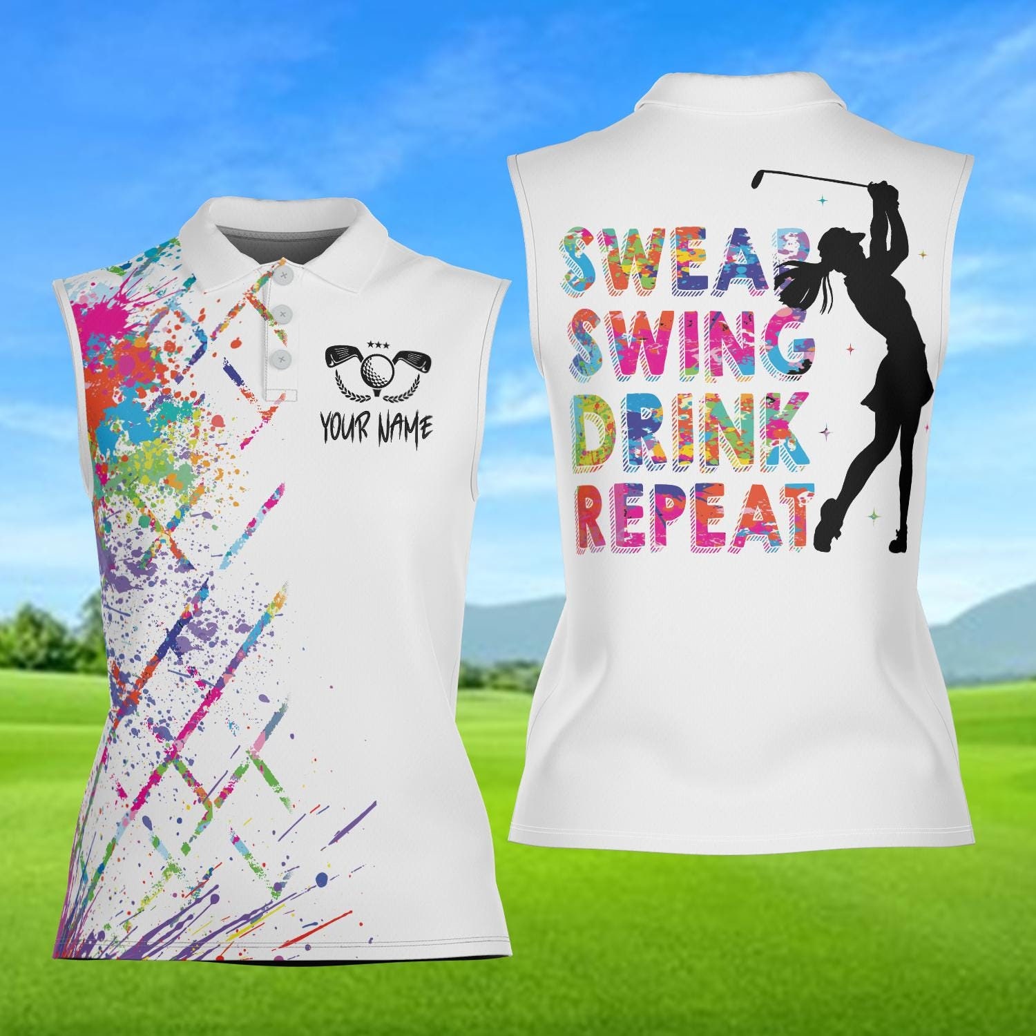Personalized Swing Swear Drink Repeat Golf Polo Shirt, Custom Name Women Sleeveless Polo, Ladies Golf Polo Shirt, Gift For Golfers