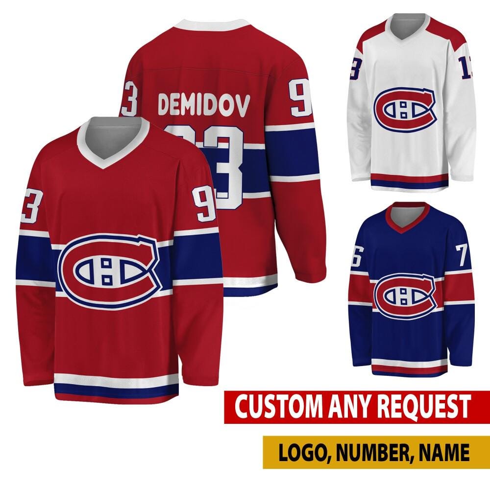Personalized Montreal Hockey Jersey, Montreal Jersey For Men With Your Team Name, Ivan Demidov Cole Caufield Fan Hockey Jersey
