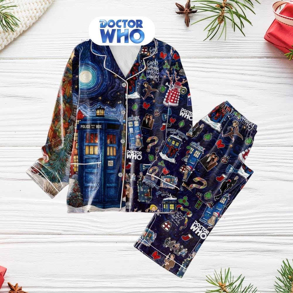 Doctor Who Christmas Pajamas, Tardis Police Box Pajamas Set, Tv Series Pajamas Set, Dr Who Holiday Pajamas, Christmas Pajamas For Party