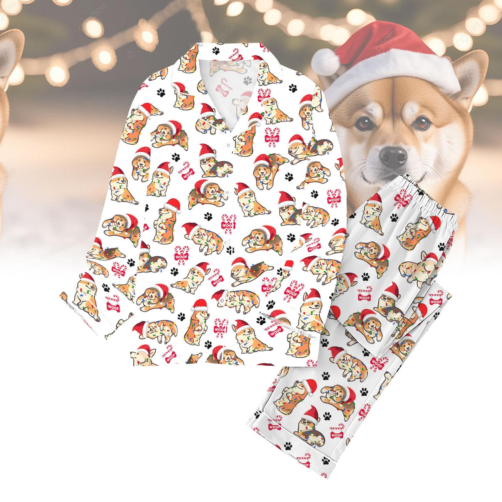 Corgi Dog Christmas Pajamas Set, Dog Owner Xmas Holiday Pajamas, Corgi Santa Hat Shirt Pants Pajamas, Animal Lover Gift