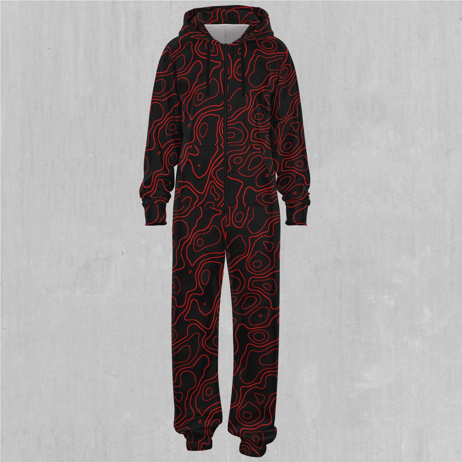 Red Topographic Camo Adult Zip Up Jumpsuit Pajamas
