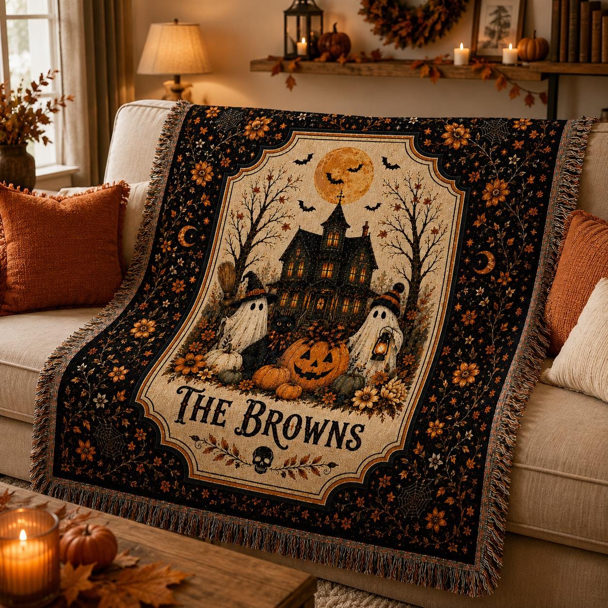 Personalized Halloween Woven Blanket, Custom Family Halloween Quilt, Gothic Halloween Throw, Ghost Pumpkin Fleece Quilt Blanket Home Decor