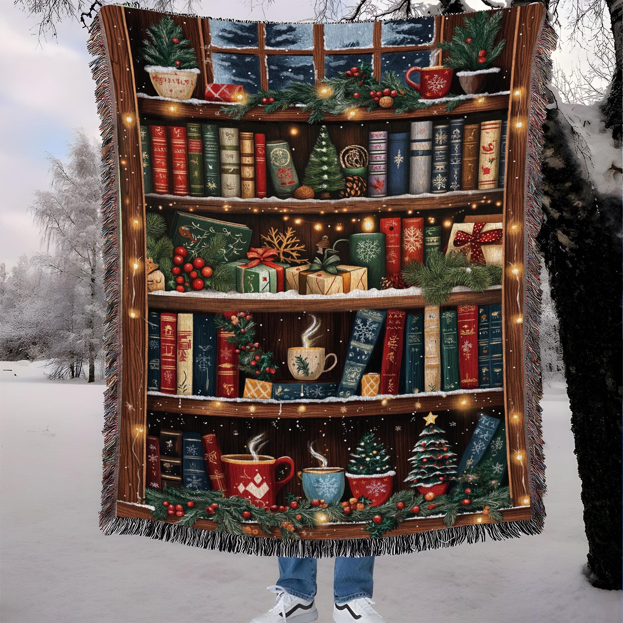 Boho Vintage Bookish Christmas Woven Blanket, Christmas Bookshelf Printed 3D Faux Embroidery Throw Blanket, Book Lovers Christmas Gift