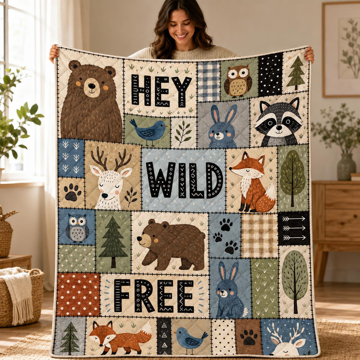 Woodland Animal Quilt Blanket, Rustic Forest Nursery Quilt with Bear, Fox, Deer