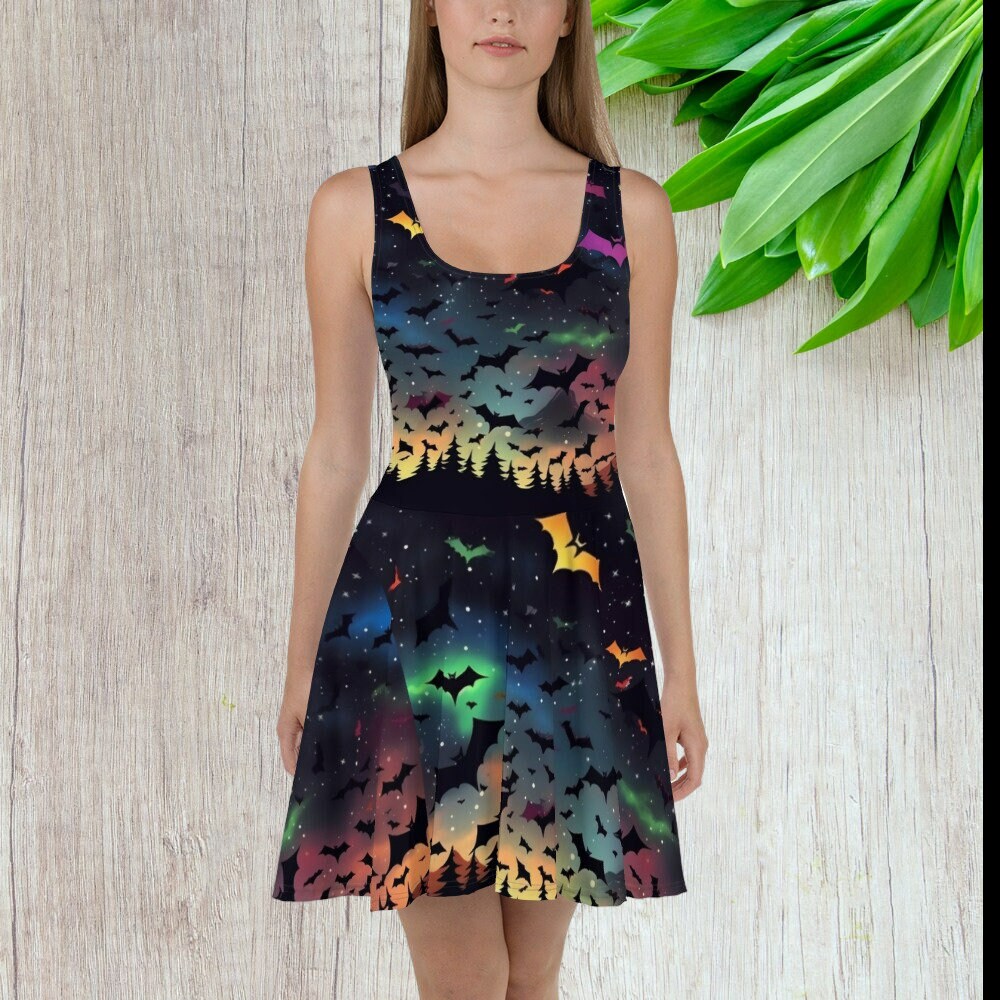 Rainbow Bats Skater Dress - Gothic Halloween Witchy Hippie Fashion