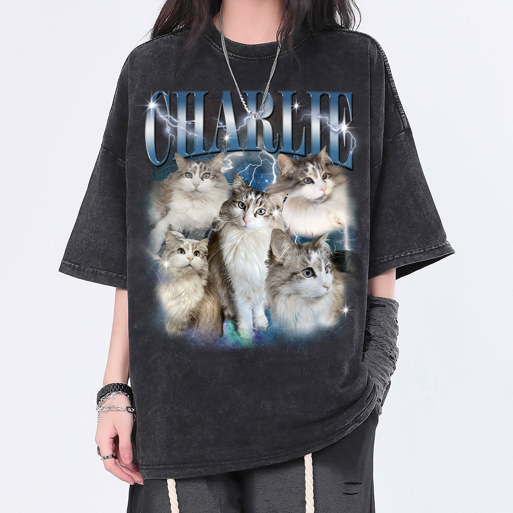 Pet Custom Vintage Washed Shirt, Custom Cat Graphic Unisex T-Shirt, Dog Bootleg Retro 90's Tee