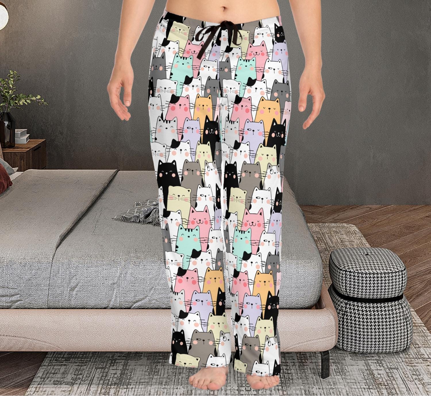 Women's Cat Pajama Pants, Pastel Kawaii Lounge Pants, Cozy Sleepwear, Kitten Print Loungepants