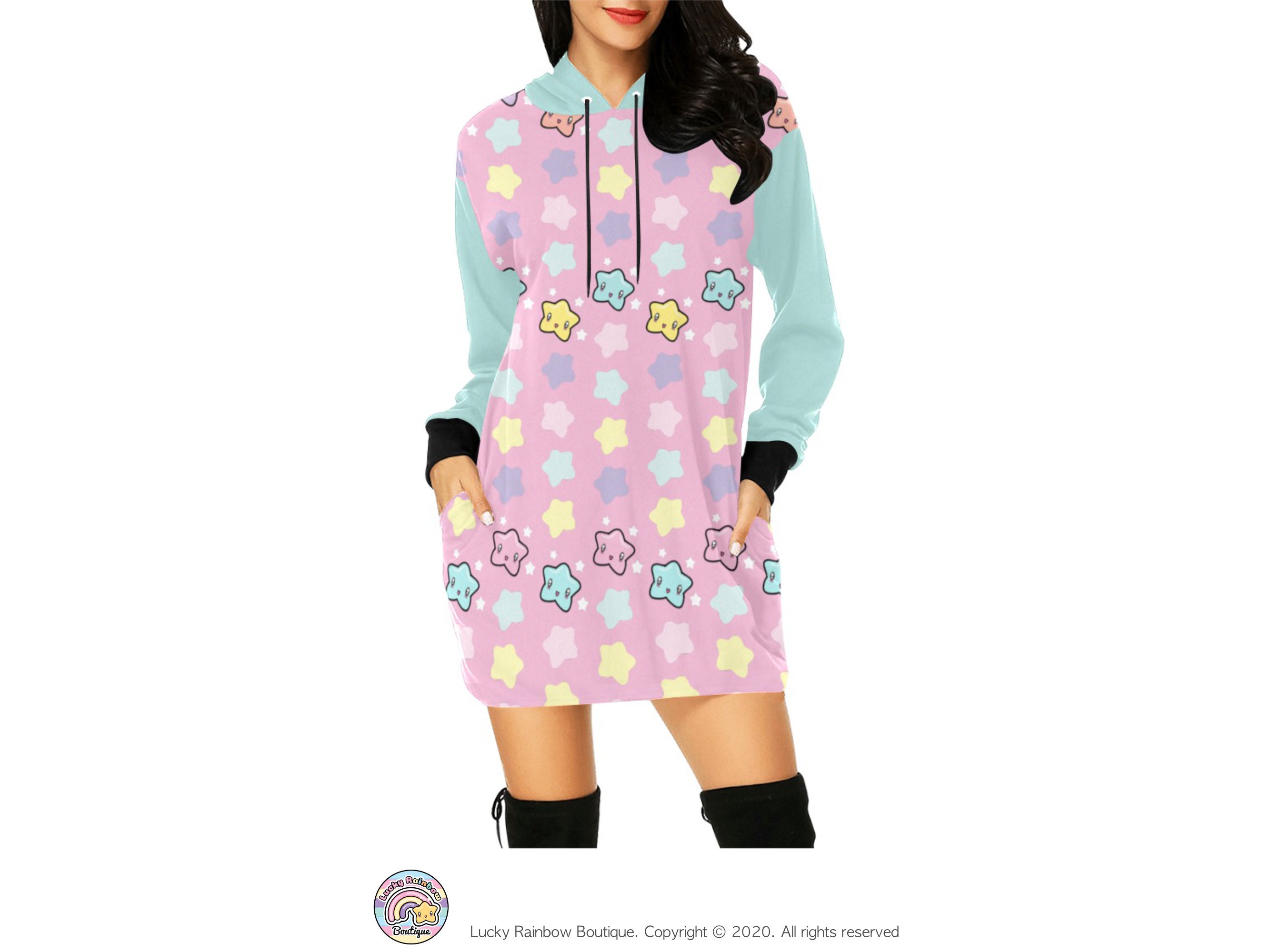 Pastel Pink Star Hoodie Dress, Rainbow Stars Sweatshirt, Fairy Kei Clothing, Retro Sweater, Comfort Colors Shirt, Winter Dresses for Women
