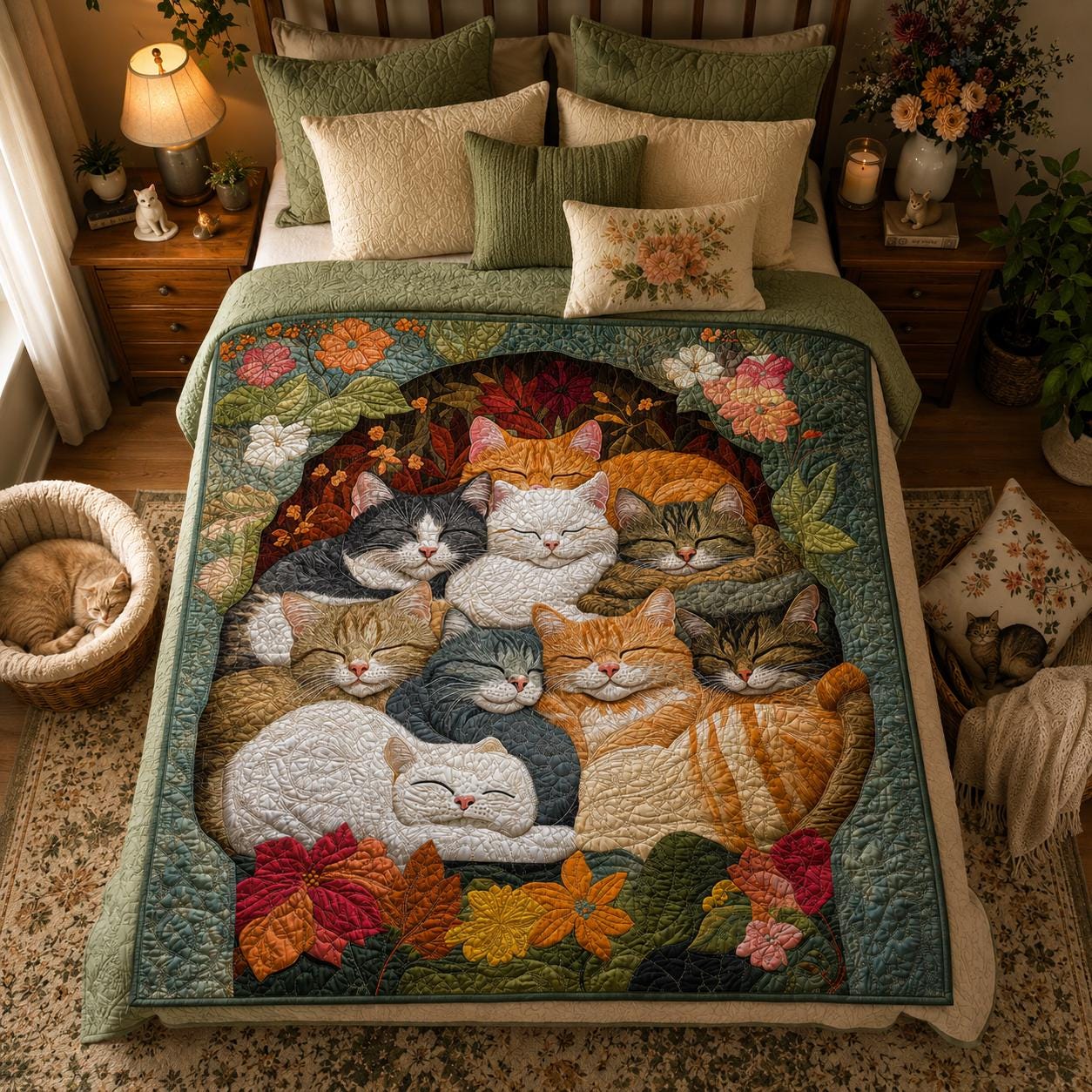 Cozy Cat Garden Quilt Blanket, Floral Kitty Lovers Throw, 2D Printed Brushed Fabric Bedding