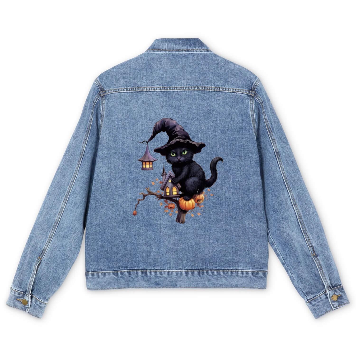 Cat Sticker, Black Cat Witch, Halloween, Men's Denim Jackets