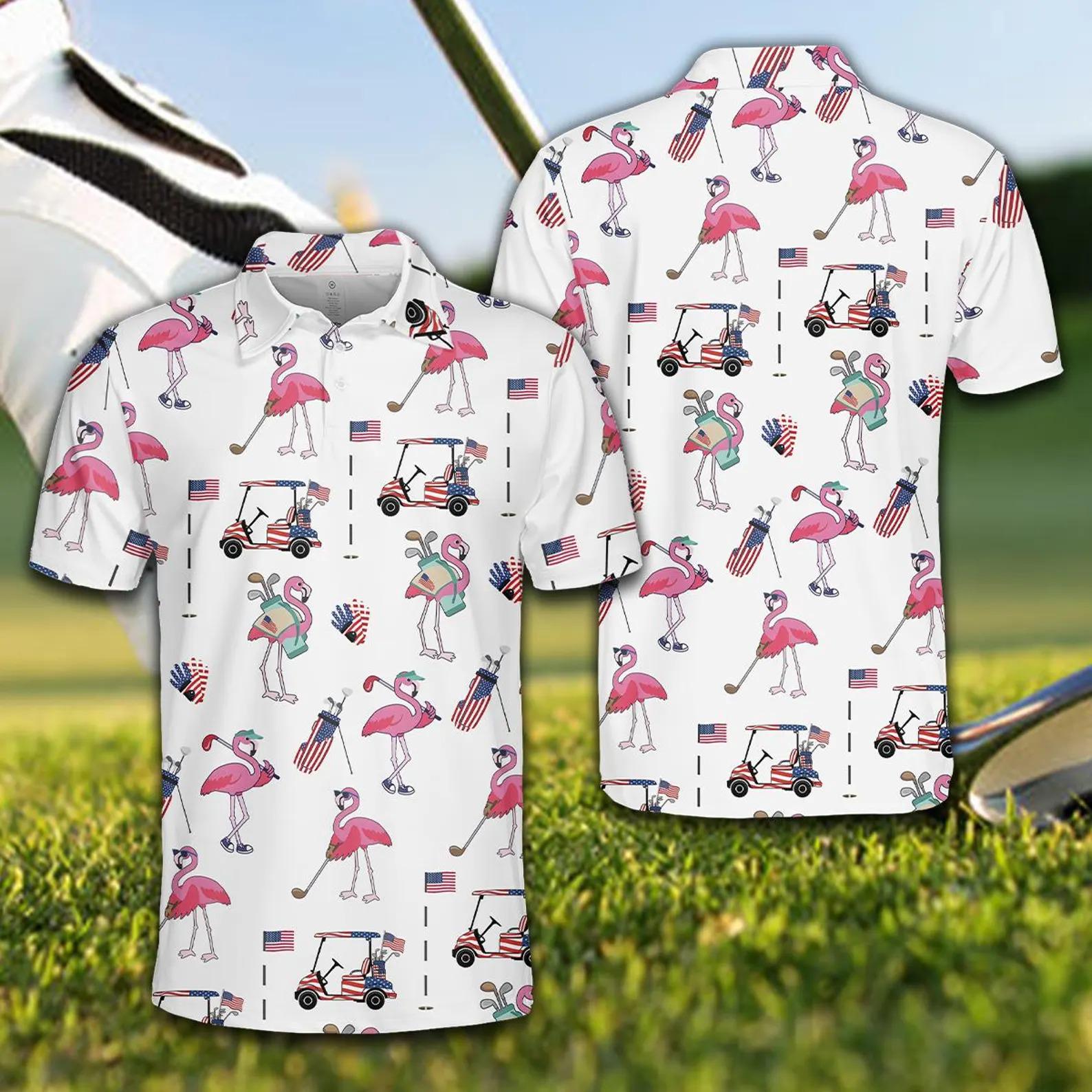 Women's Flamingo Golf Polo, Funny Pink Flamingo Polo Shirt, USA Golf Lover Polo