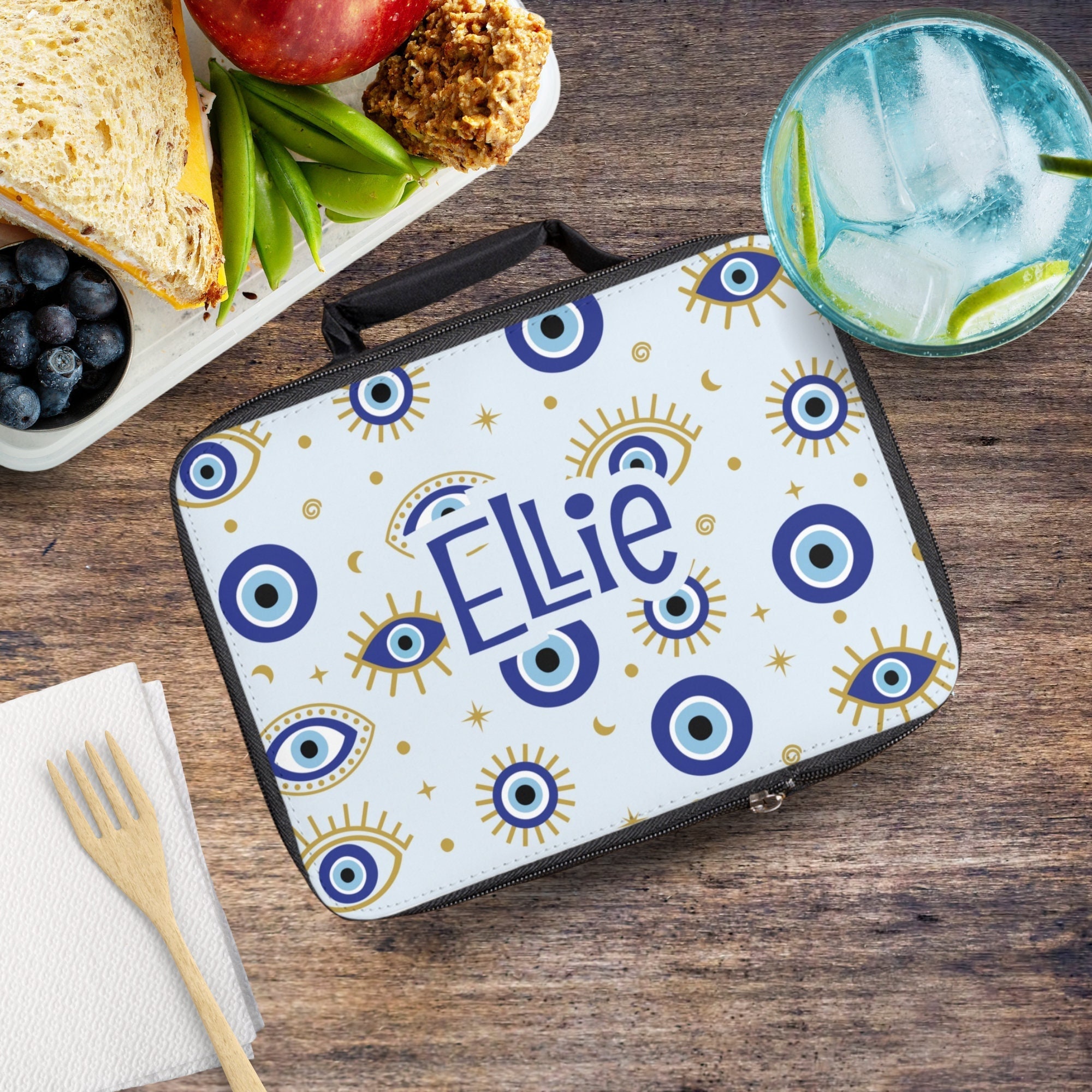 Blue Evil Eye Lunchbox, Kids School Lunch Bag, Boho Bag for Lunch, Insulated Lunchbox Custom Name Backpack Lunchbox Matching Set