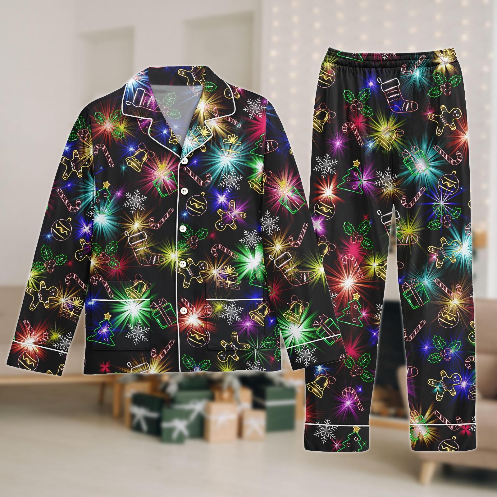 Neon Christmas Lights Pajama Set, Fun Holiday Print Pajama Set, Festive Matching Pajamas Set, Christmas Gift