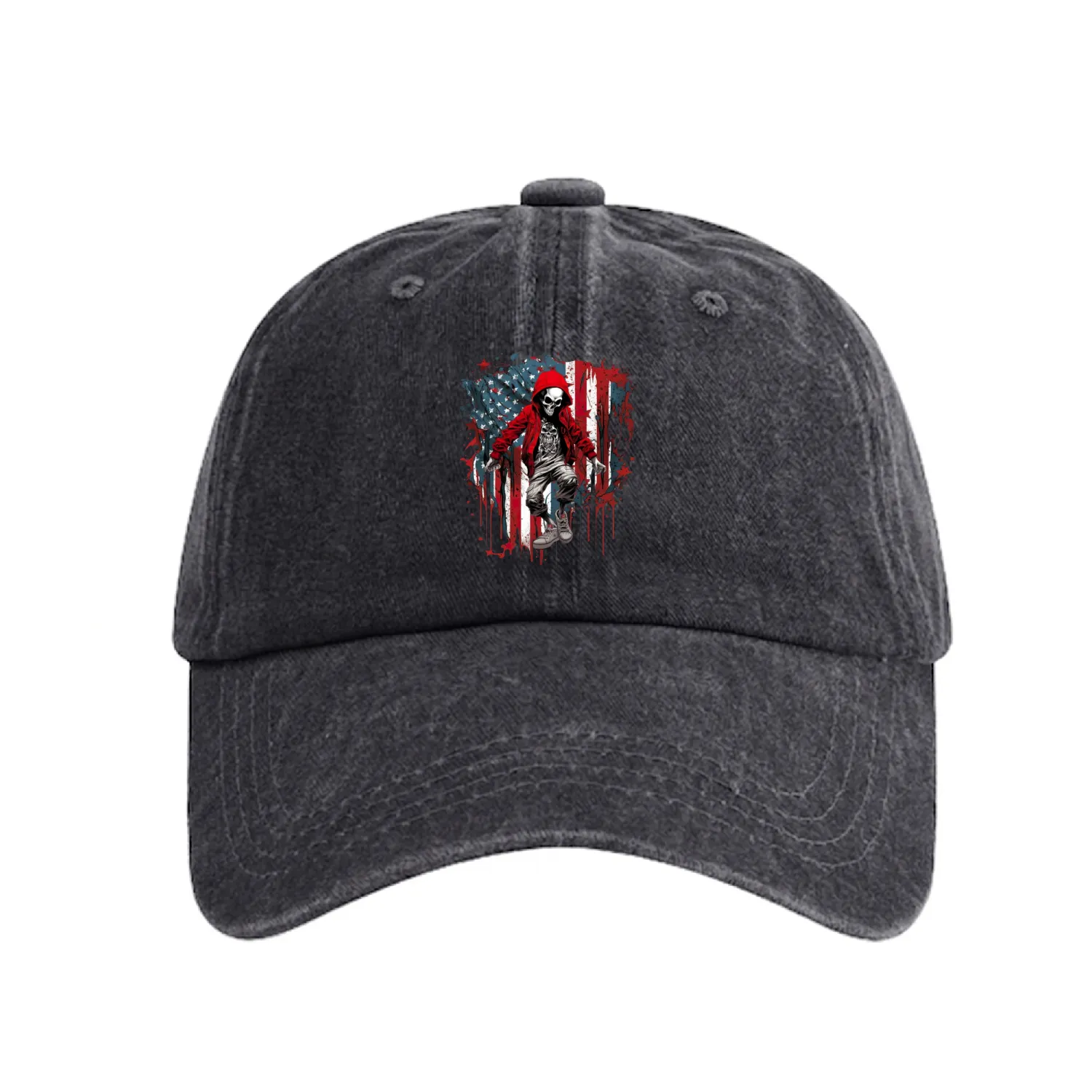 Skull Dance Patriotic Street American USA Flag Washed Denim Baseball Caps