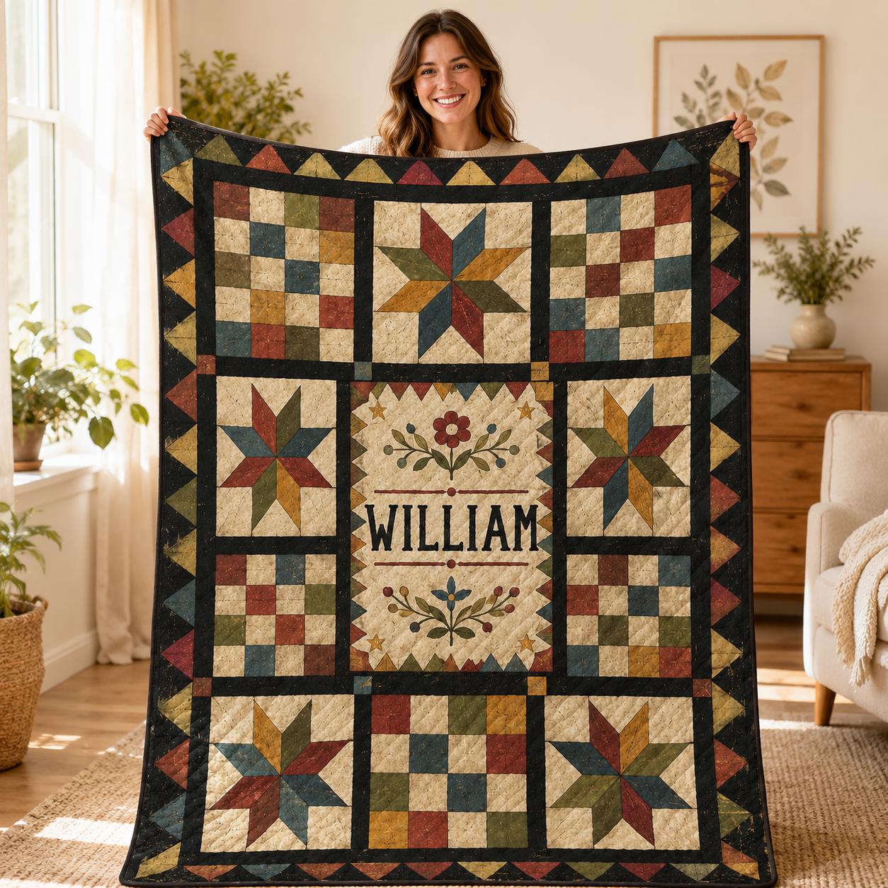 Personalized Americana Quilt Blanket, Custom Primitive Star Quilt, Rustic Folk Art Farmhouse Quilt