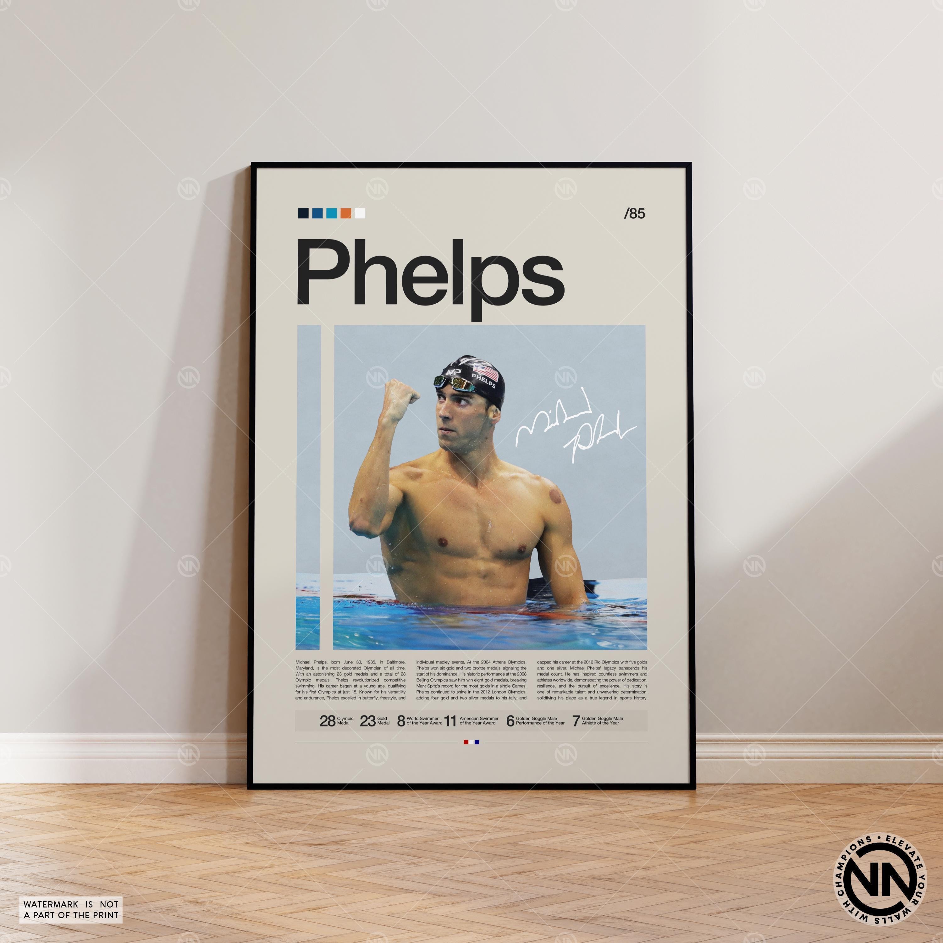 Michael Phelps Poster, Sports Poster, Mid-Century Modern, Motivational Poster, Sports Bedroom Posters
