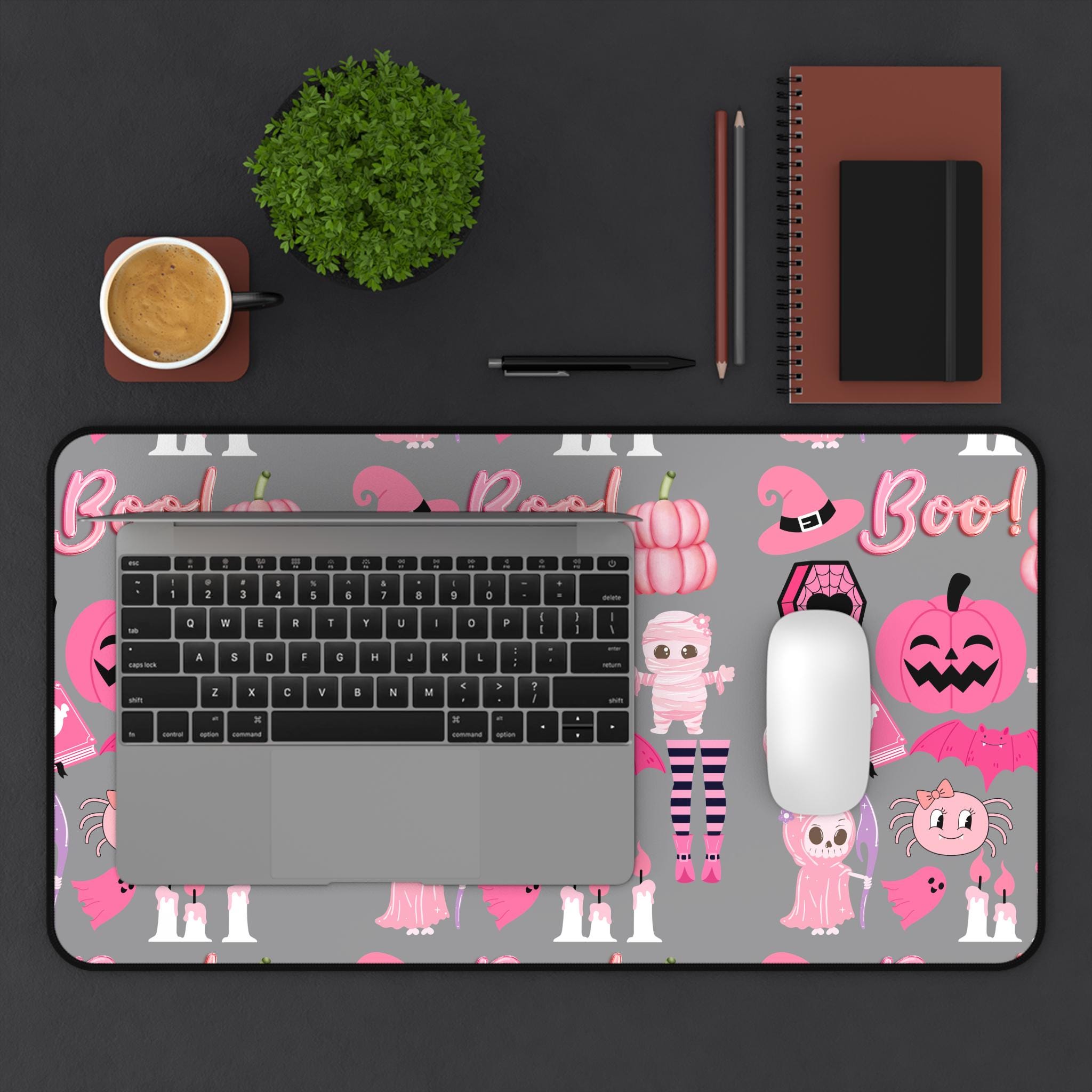 Pink Halloween Themed Desk Mat, Cute Ghosts & Pumpkins, Perfect for Spooky Season, Home Office Decor, Gamer Gift, Trick or Treat