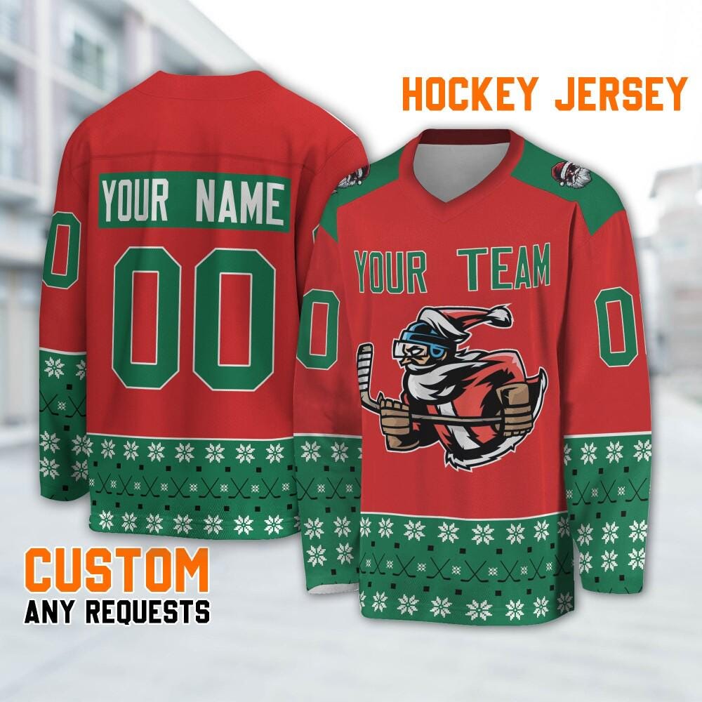 Personalize Christmas Hockey Noel Awesome Red And Green , Xmas Hockey jersey, Santa Claus Hockey, Custom Name Sports Team Jersey