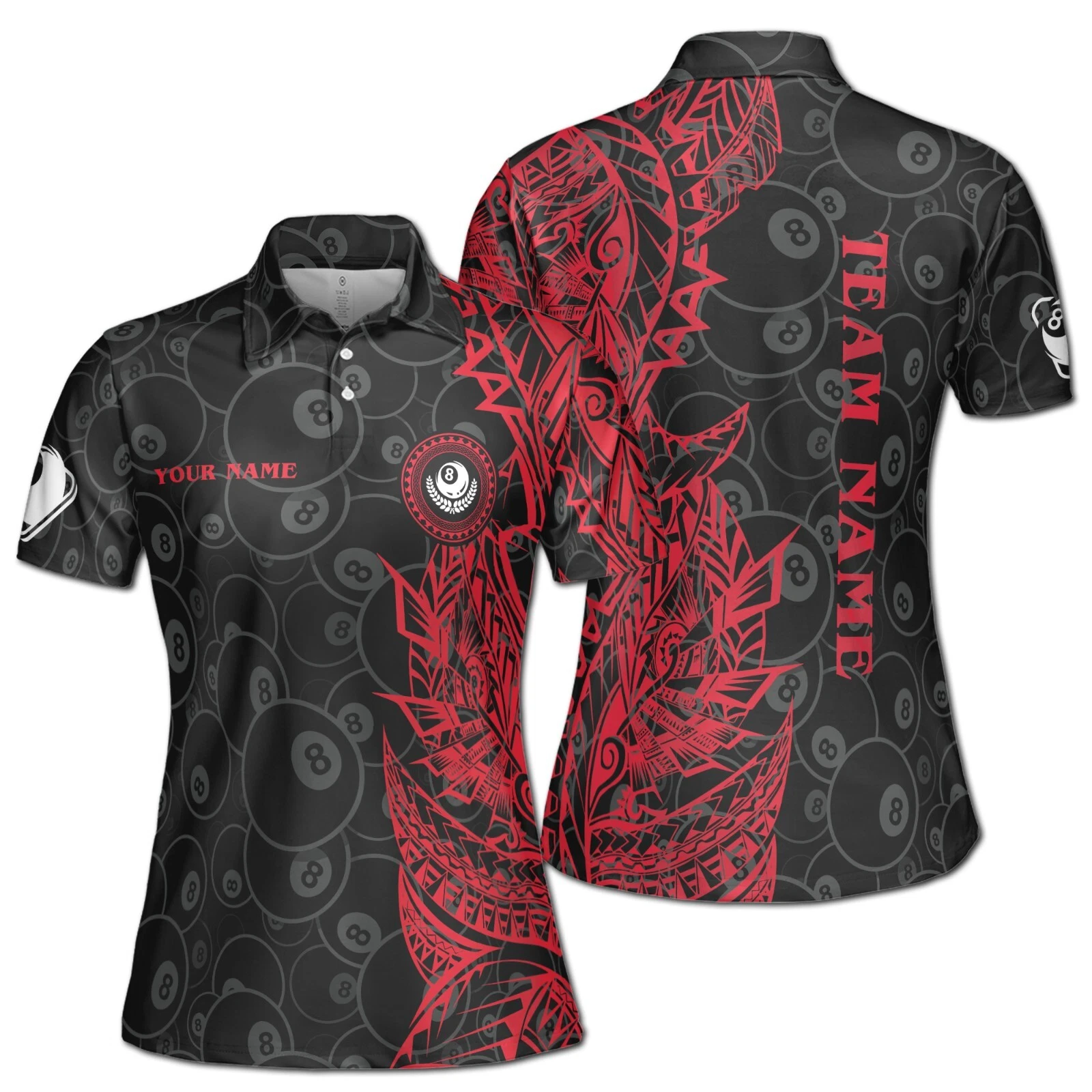 Women's Polo Shirt with Custom Name, Team Name, Tribal and Billiard Design