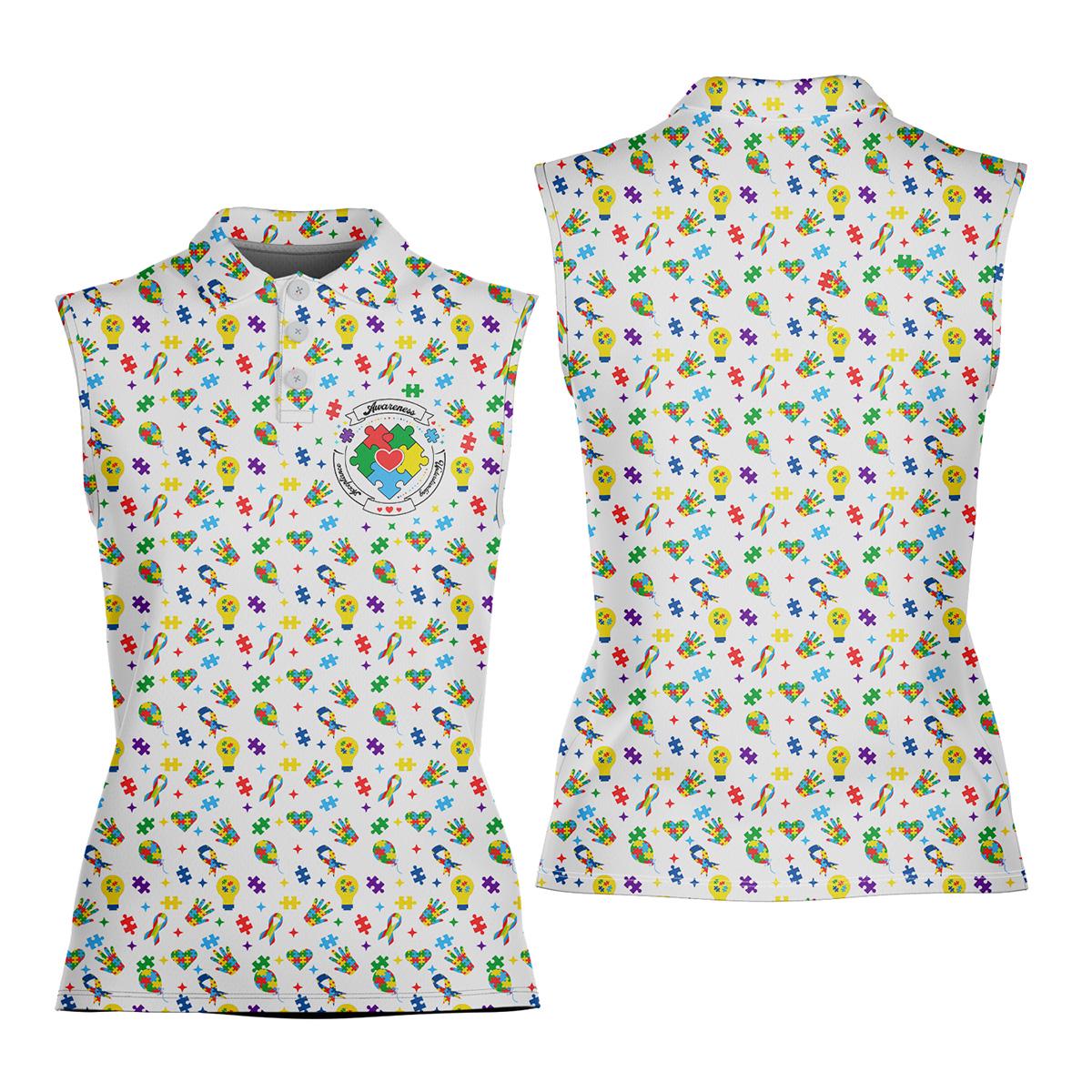 Women's Sleeveless Colorful Puzzle Piece Polo Shirt, Autism Awareness Golf Polo, Summer Golf Apparel