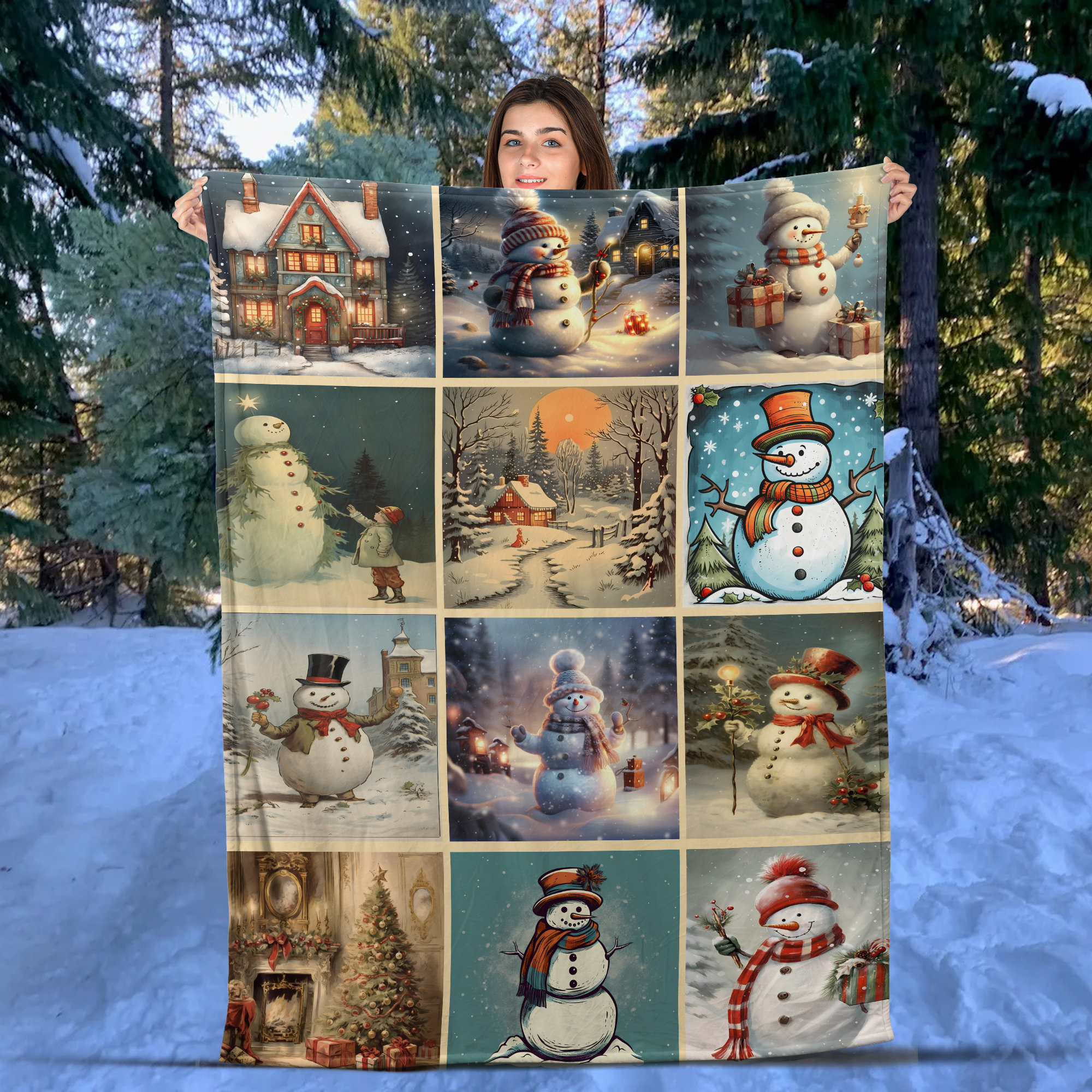 Vintage Snowman Patchwork Christmas Woven Throw Blanket, Christmas Cotton Wall Tapestry, Christmas Tree and Dark Cottagecore Decoration