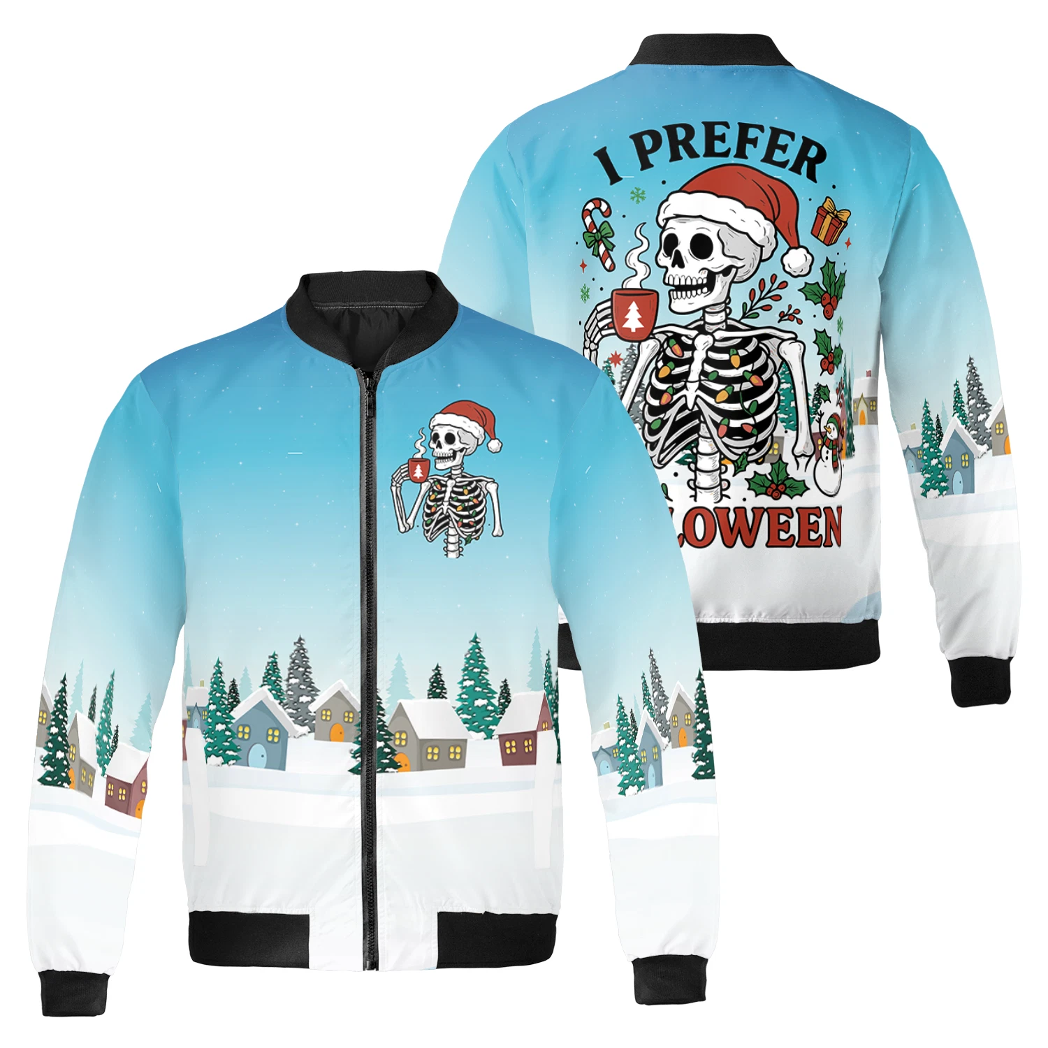 I Prefer Halloween Santa Skeleton Drink Coffee Funny Christmas Bomber Jacket