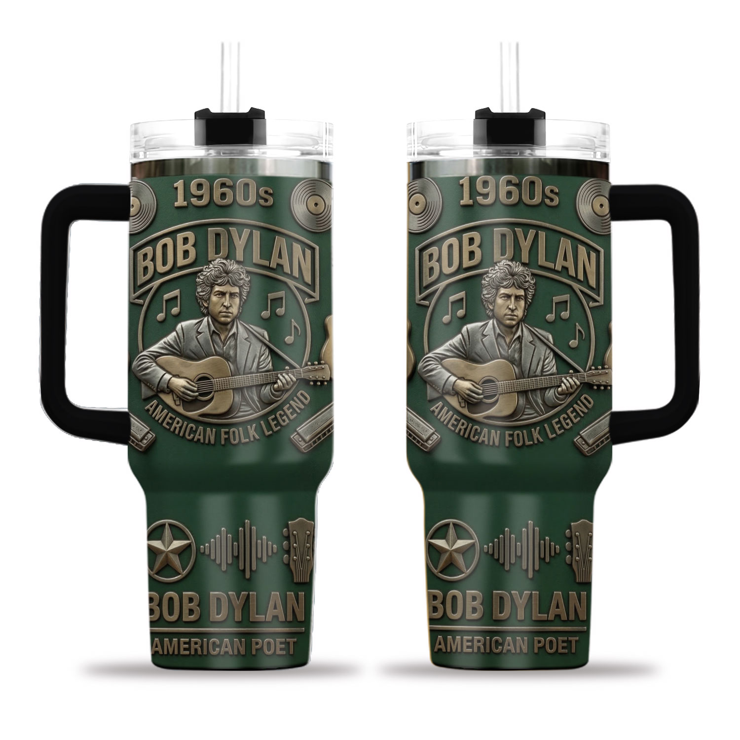 Bob Dylan 40oz Tumbler with Handle American Folk Legend 1960s Retro Style Insulated Travel Mug Music Fan Gift Idea Green Gold Coffee Cup