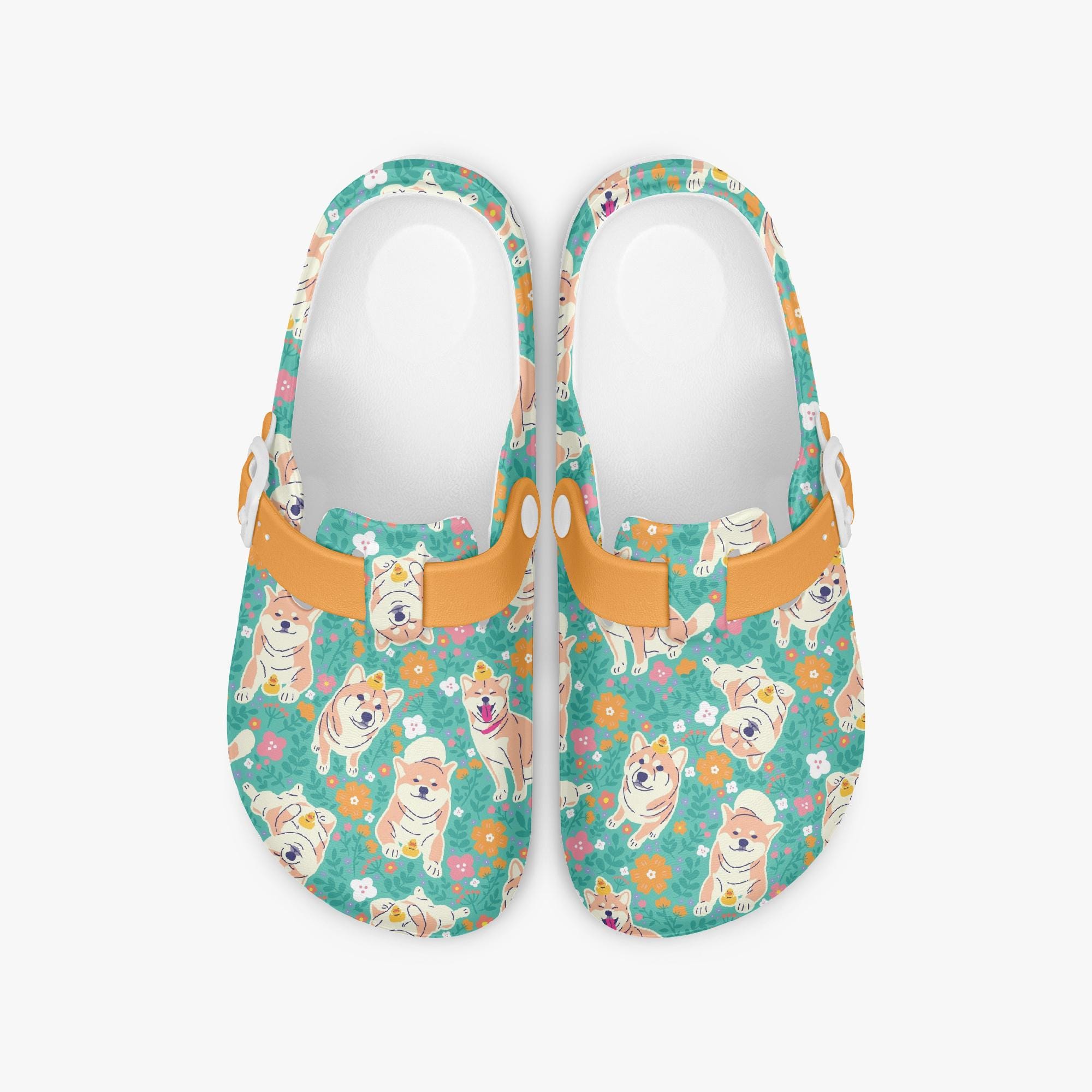 Shiba Inu Clogs for Women, Colorful Slip-On Mules with Dog Motif, Nursing and Work Clogs, Kawaii Style, Animal Lover Gift