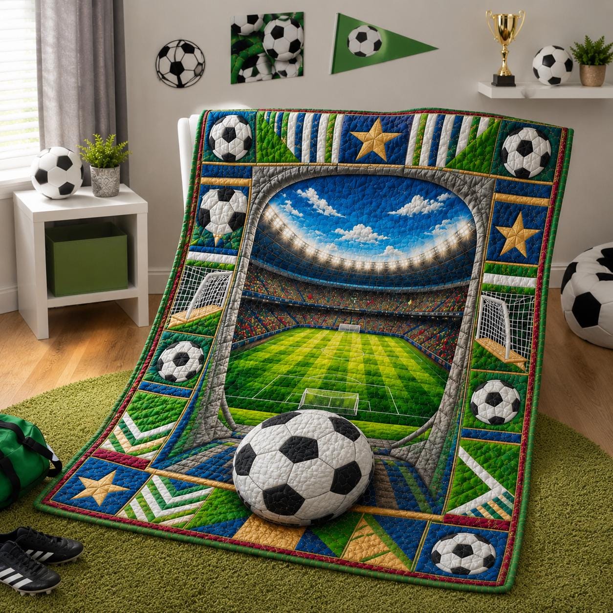 Soccer Stadium Quilt Blanket, Football Field Fan Throw, 2D Printed Sports Bedding