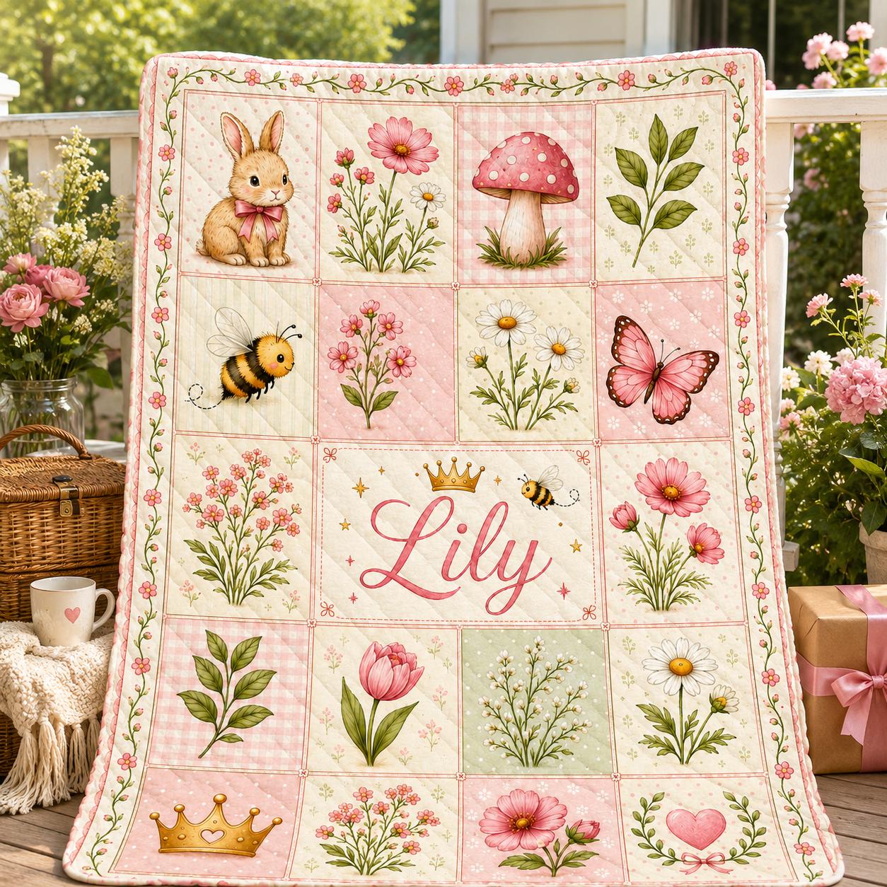 Personalized Bunny Quilt Blanket, Custom Baby Girl Name Floral Nursery Throw