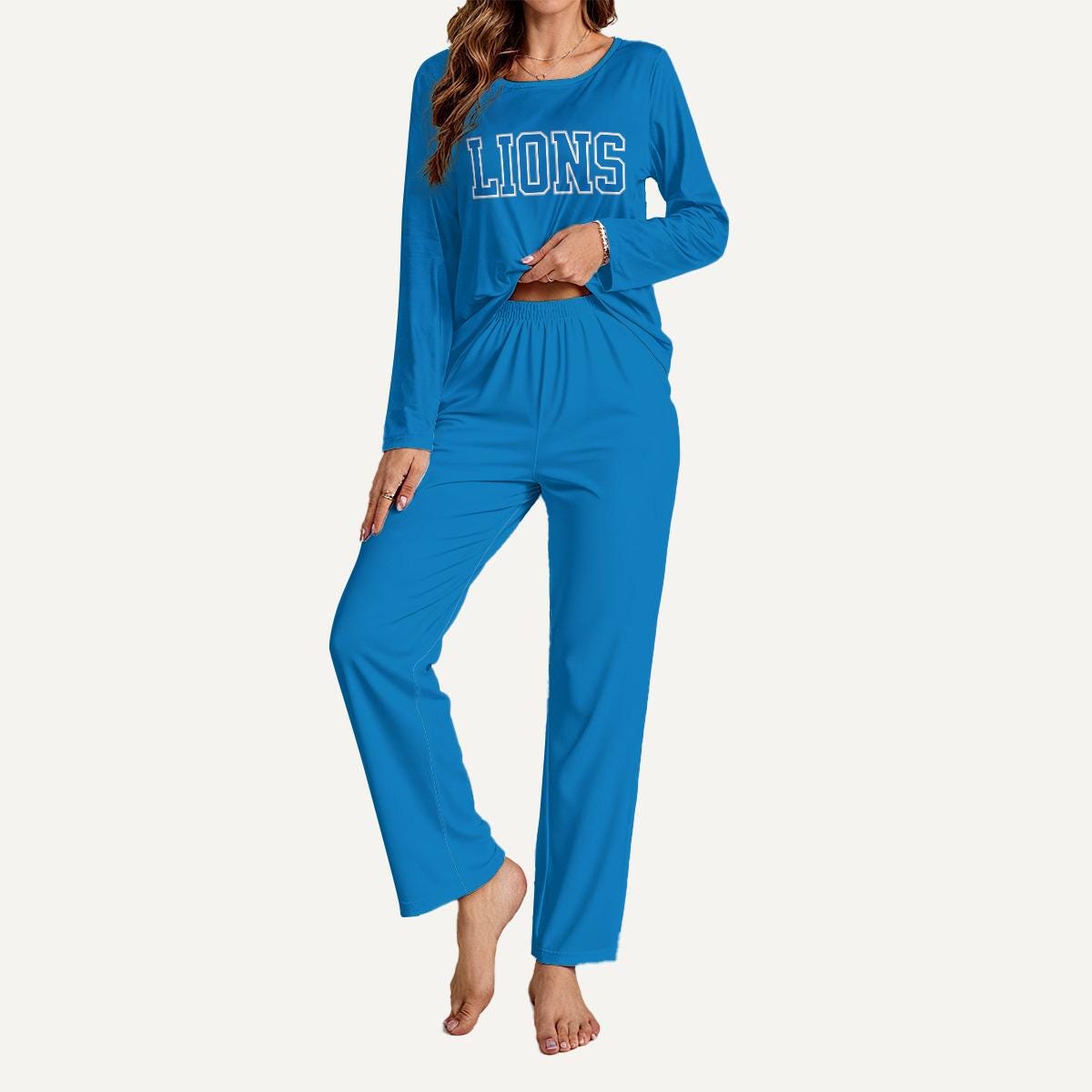 Lions Football Pajama Set, Womens Long Sleeve Lounge Wear, Game Day PJs
