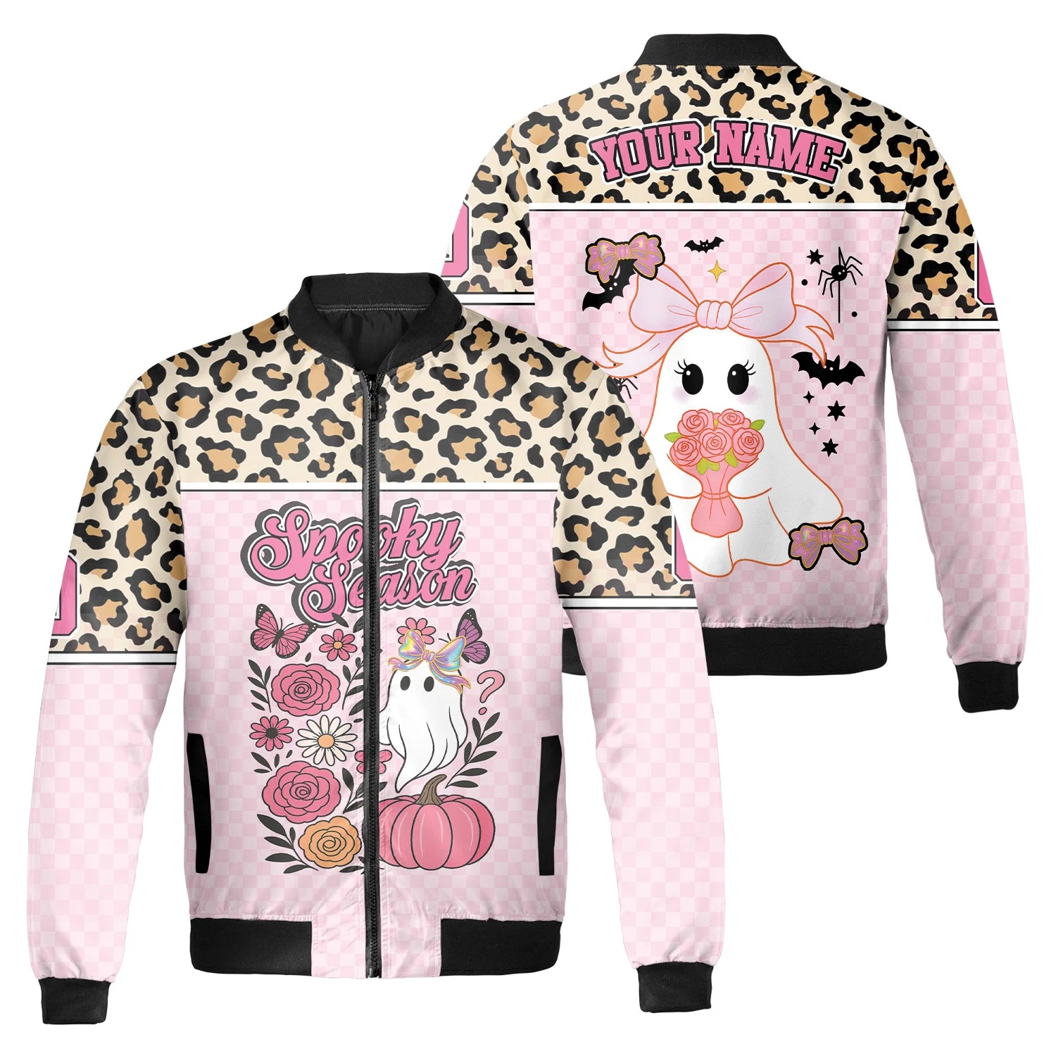 Personalized Leopard Boo Halloween Preppy Spooky Season Bomber Jacket