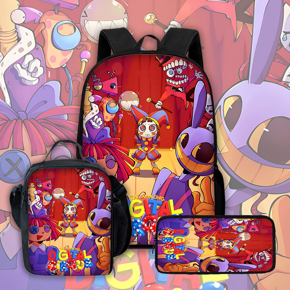 Cartoon Amazing Digital Circus Child School Backpack Set with Lunch Bag and Pencil Case for Boys and Girls