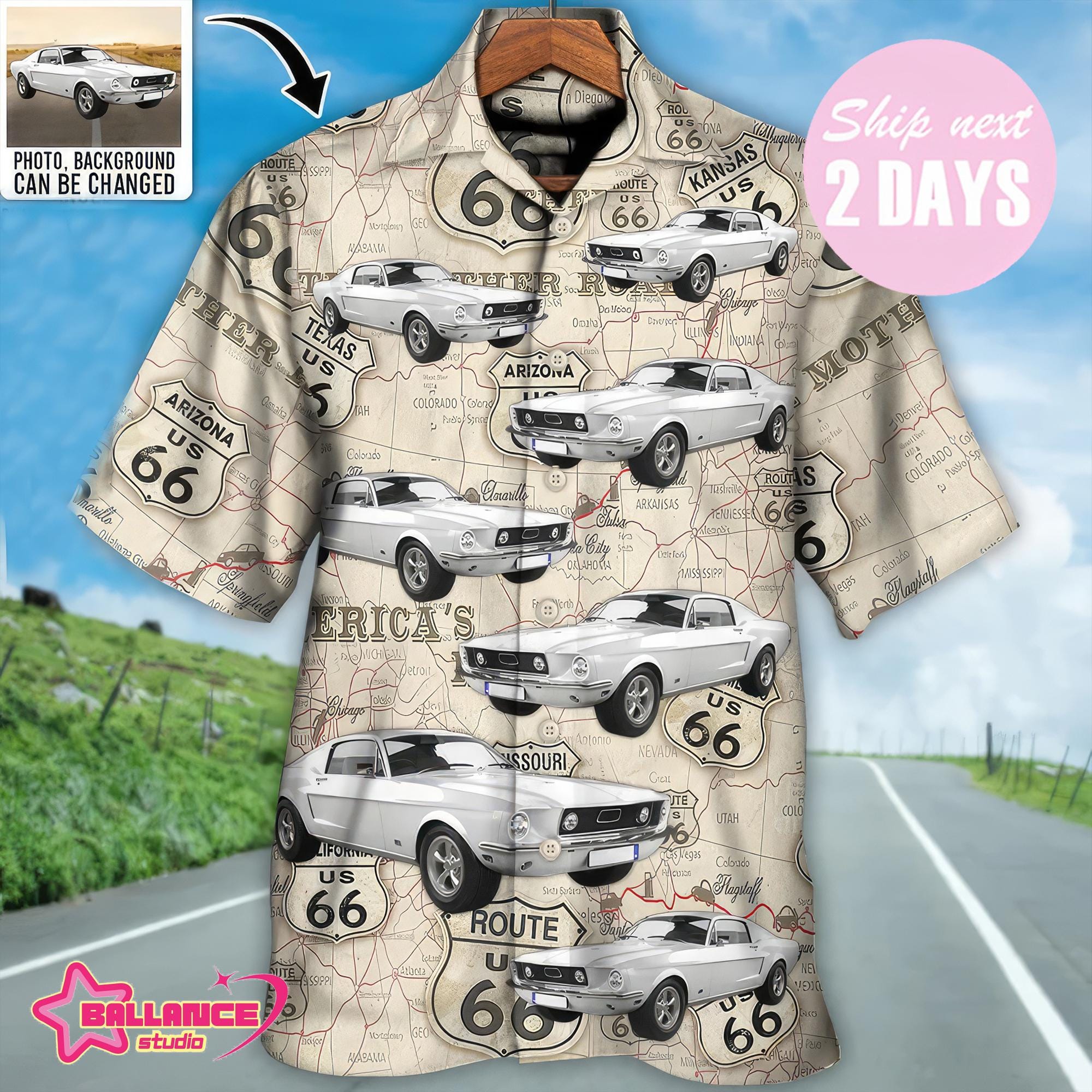 Personalized Route 66 Car Racing Car Hawaiian Shirt, Custom Photo Hawaiian Shirt, Idea Summer Shirt, Hawaiian Shirt for Men Dad Husband