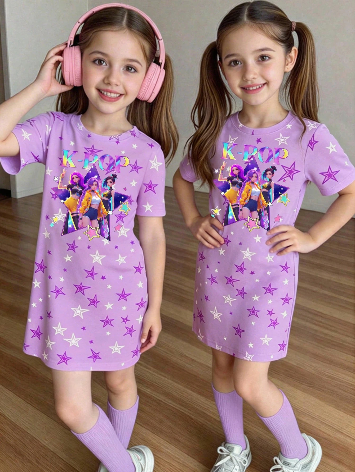 Girl Purple Star Print Kpop Demon Hunter T-shirt Dress, Summer Short Sleeve Dress Gift