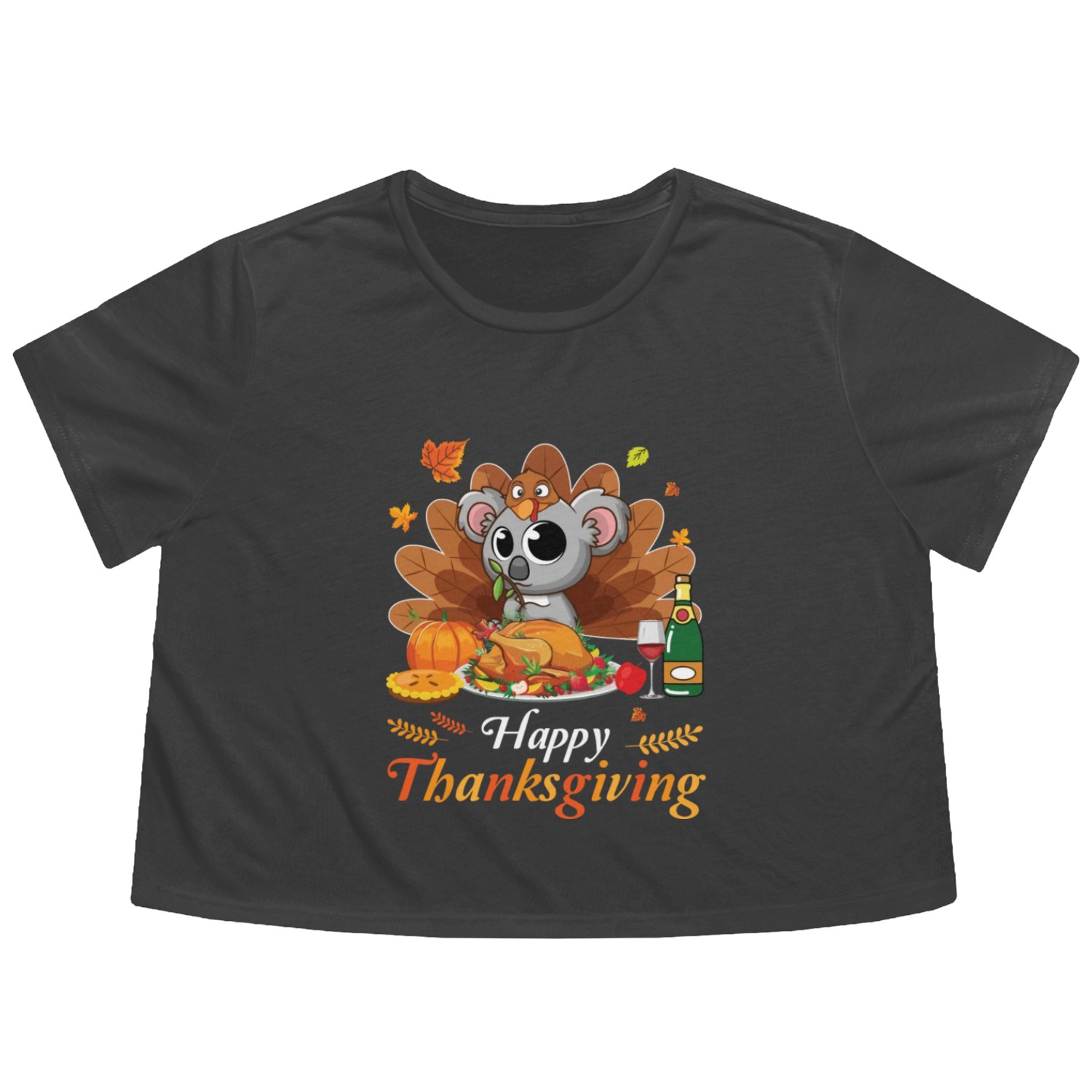 Koala Turkey Costume Wine Pie Pumpkin Happy Flowy Cropped Tees