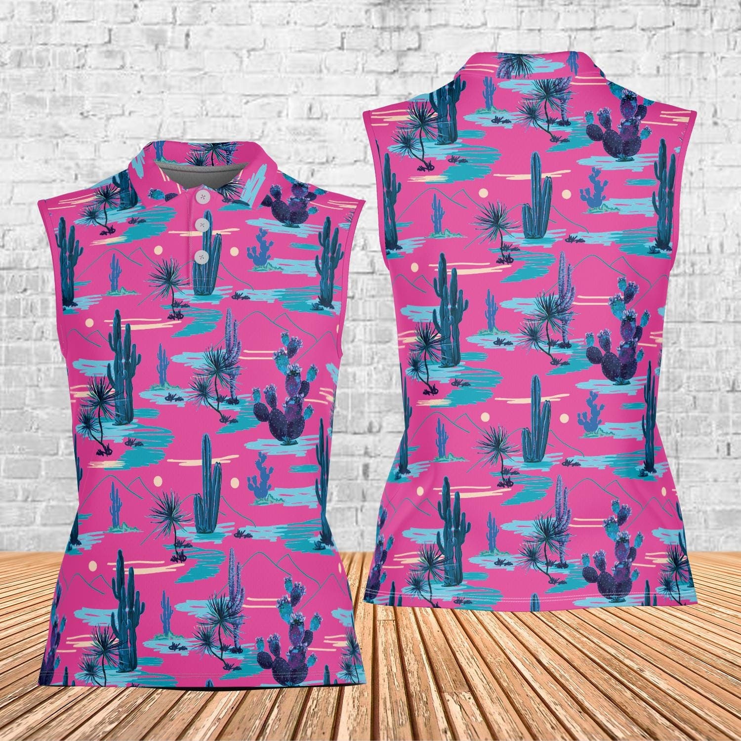 Pink Desert Cactus Golf Polo Shirt, Cactus Sleeveless Golf Shirt, Western Golf Polo Shirt For Golf Team, Women Polo Shirt For Golfers
