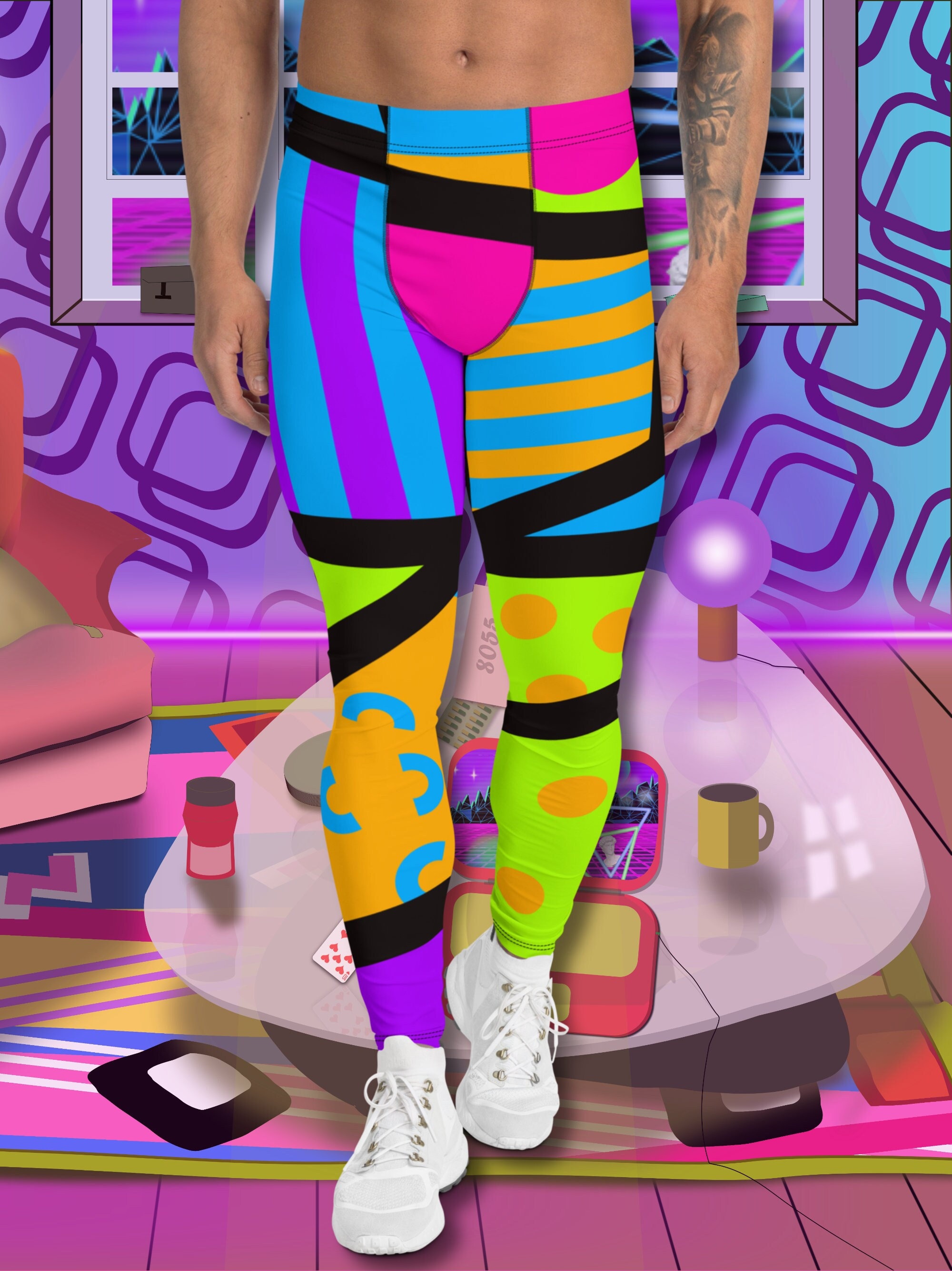 Mens Leggings Harajuku Colorful Print Running Tights, Patterned Festival Rave Gear
