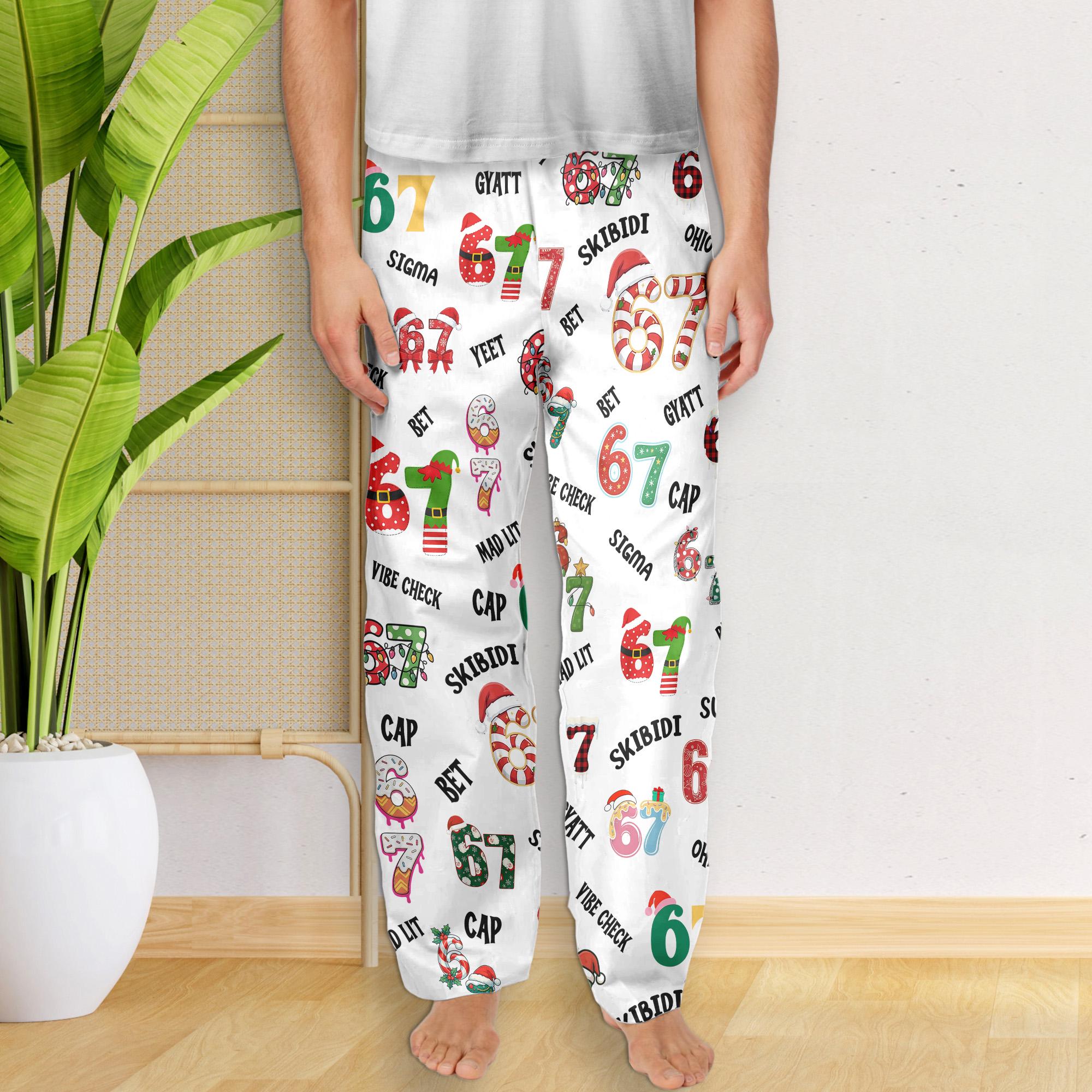 67 Meme Christmas Pajama Pants, Holiday Loungewear, Cozy Xmas, Trendy Funny Women's Pants