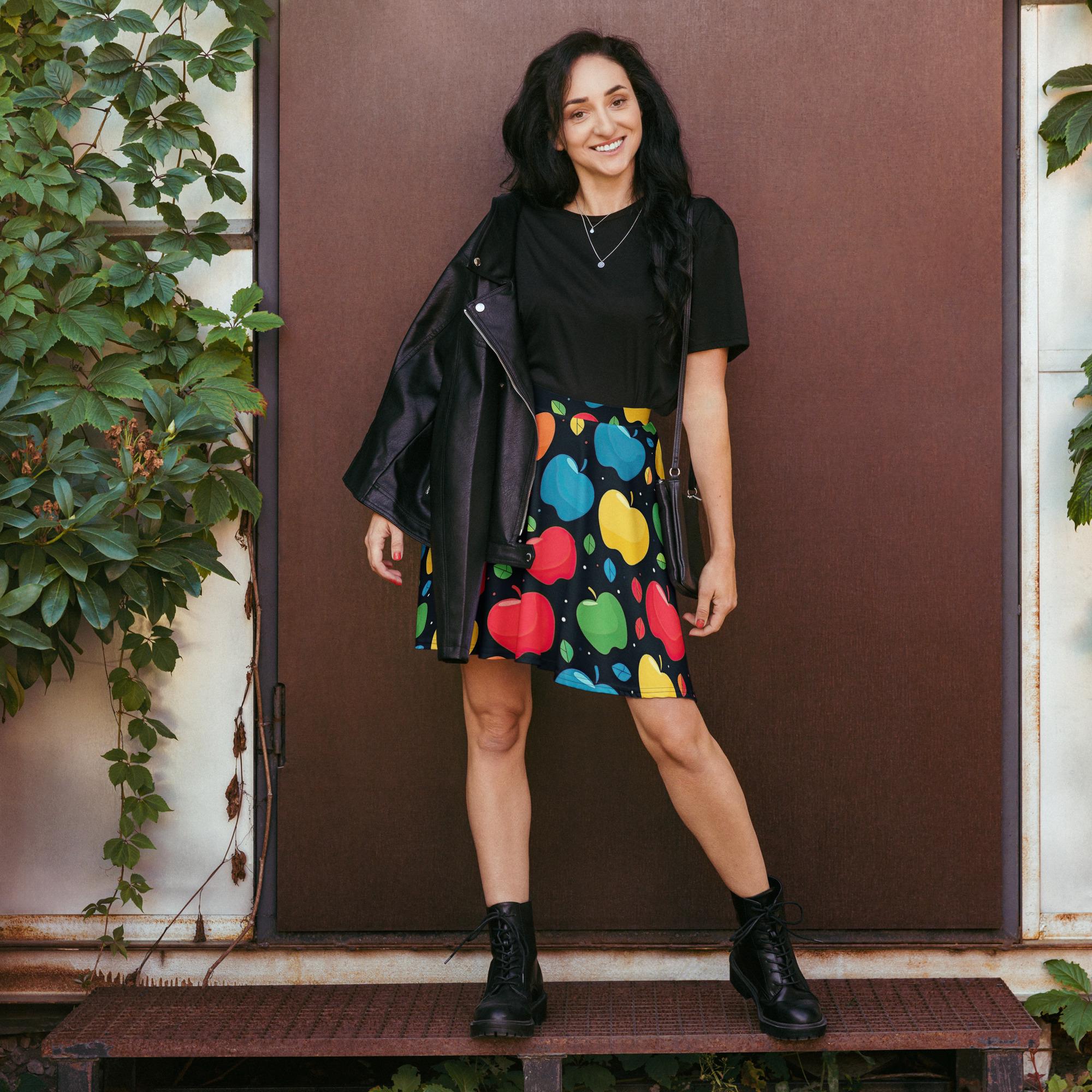 Back to School Teacher Apples Skirt Ladies Women Teens - Apple Festival Red Green Blue Yellow Preschool Kindergarten Elementary Skater Skirt