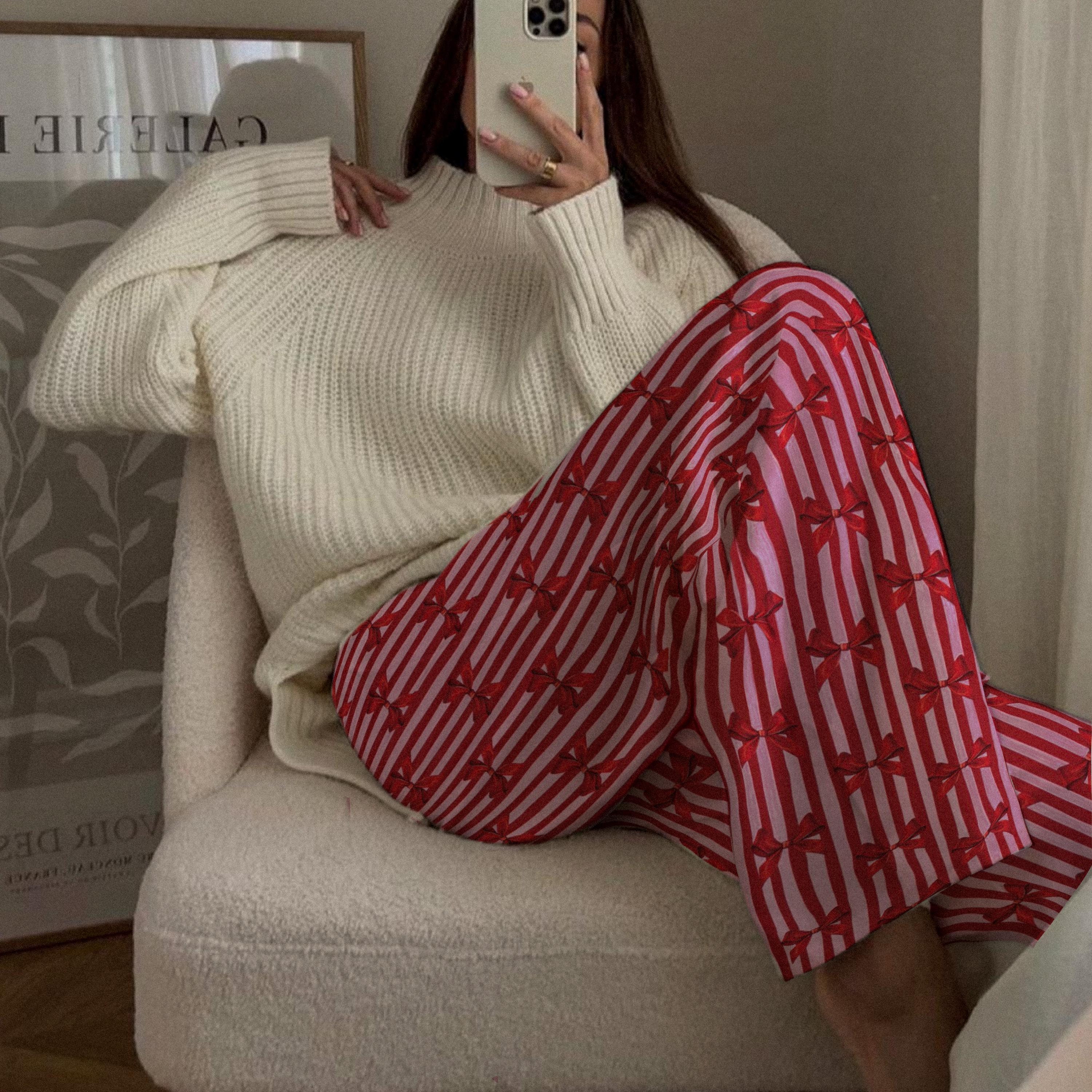Pink and Red Christmas Striped Pajama Pants for Women