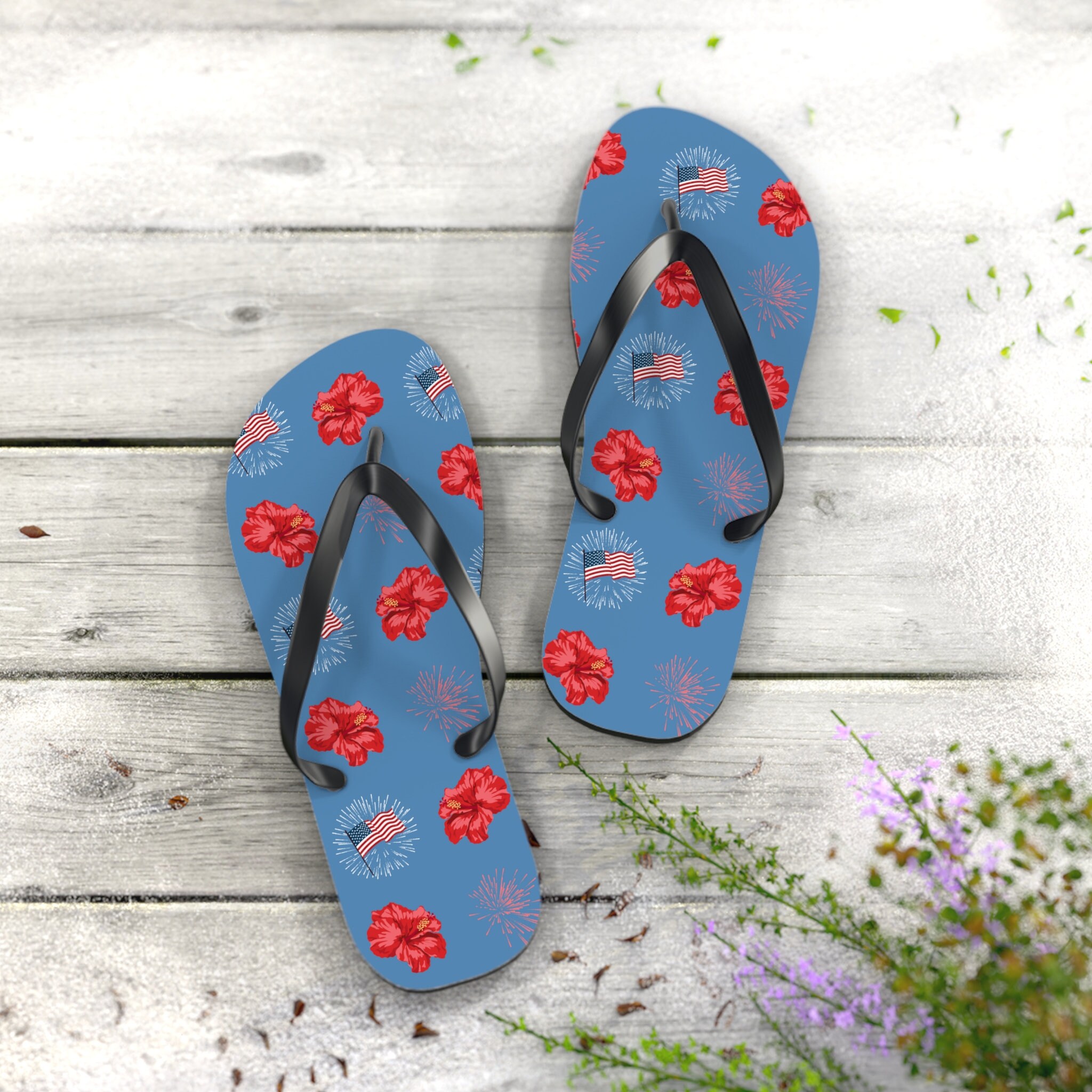 July 4th in the Tropics Festive Flip Flops Summer Sandals Memorial Independence Day Red White Blue Fireworks Hibiscus American Flag Sandals