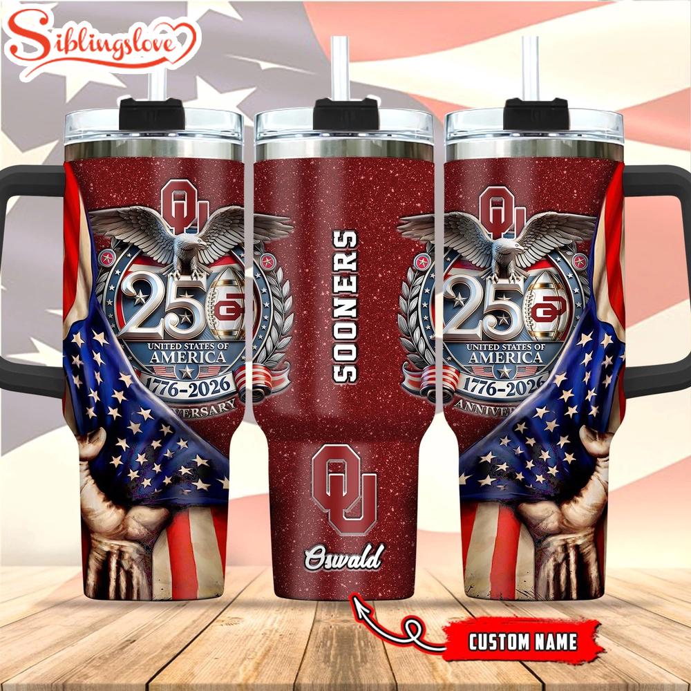 Custom Name Oklahoma Sooners 40 oz Tumbler with Handle 1776-2026 United States of America